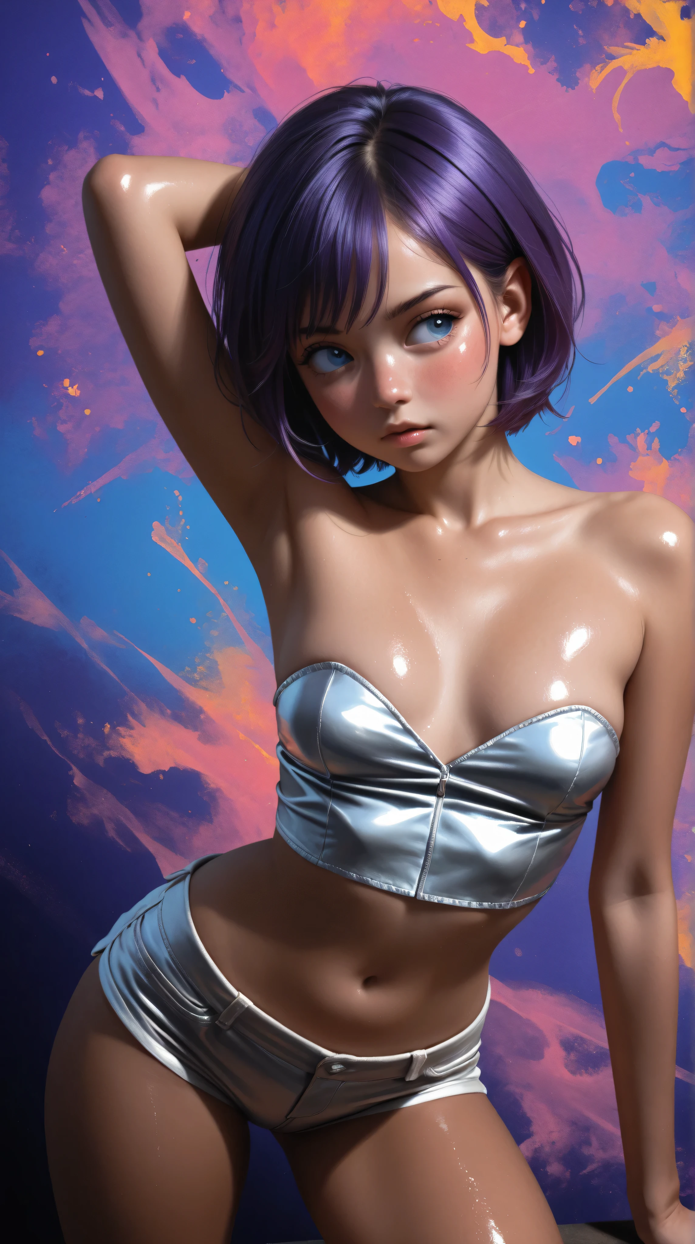 (Masterpiece), (Best Quality), Realistic, Cinematic Light, Cool Pose, Battlefield Background, Perfect Body, White Eyes, Blue Bob Cut Hair