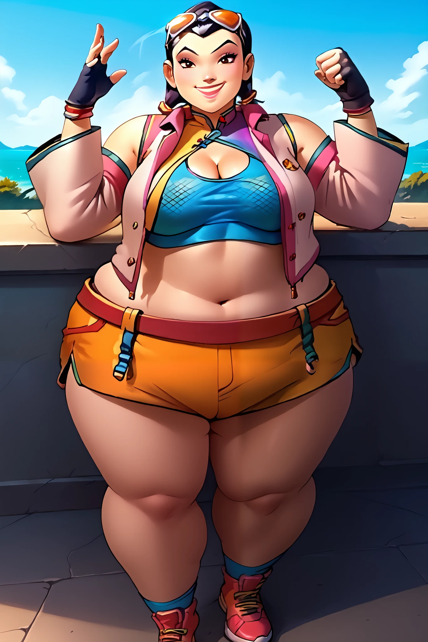 Extremadamente hermosa Nami (Una sola pieza), maquillaje sutil, oroen hour, fotorrealista, alto contraste, 8k HD, Detallado, hyper-Detallado, textura realista de la piel, Pelo largo naranja, Solo top de bikini, pantalones azules, pecho grande, La mejor calidad, ultra-high-resolution, Foto RAW, Dramatic lighting, Motor irreal, Resplandor difuso, al aire libre, realistic Detallado onep piece pirate ship, Cofre, oro, oro coins, oro bars.