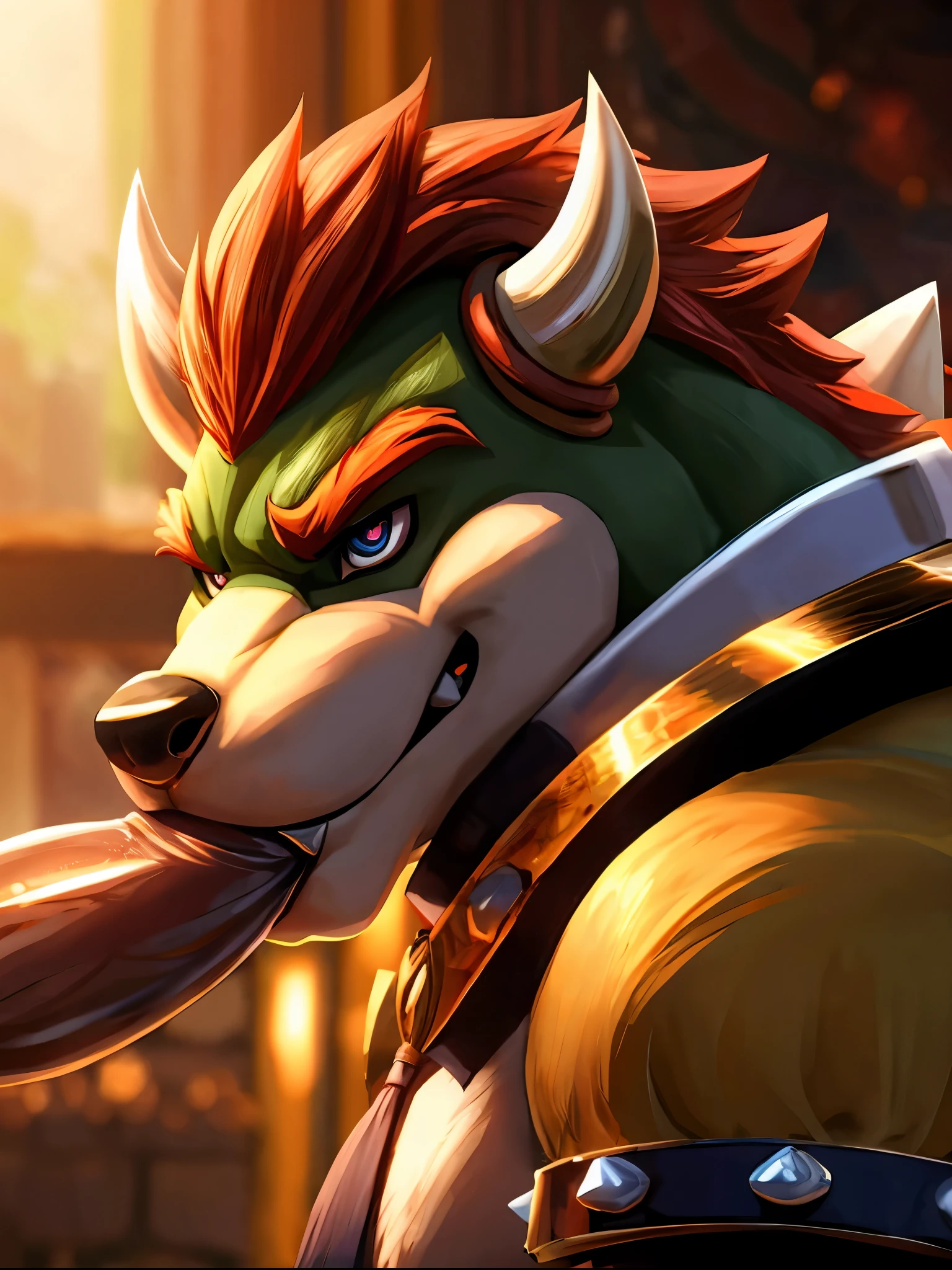Bowser, the Koopa King has big muscles all over him, he's not wearing any kind of clothing and he has a giant cock completely uncovered.
