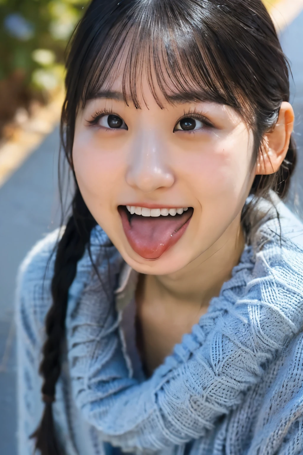 one woman, Japanese actress, (She opens her mouth wide:1.6), she looks up at the sky, (POV:1.2), composition looking down on her, Composition of the camera shooting from above, On the bustling street, in the crowd , Close-up of face , masterpiece, highres, high-resolution, 8k,8k portrait , realistic, RAW photo, real person, portrait photography, photo realistic, detailed skin, (best quality, Ultra detailed: 1.2), 