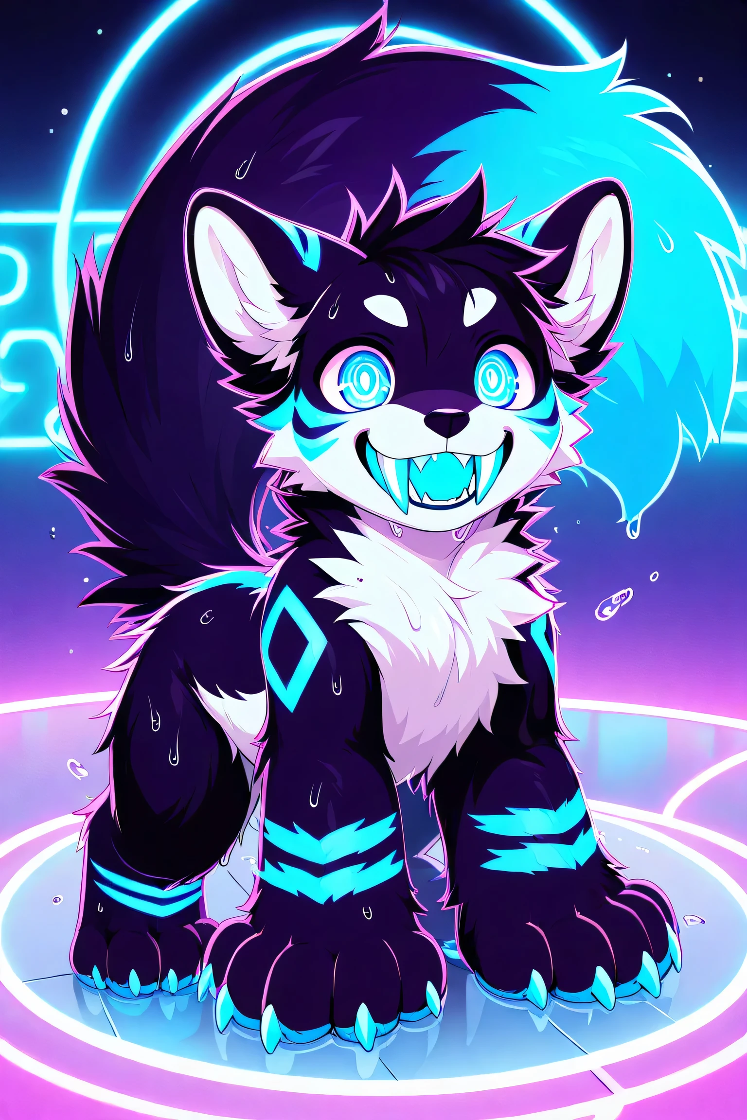 (((Feral))), male, fluffy fur, solo, attractive body, big tail, big paws, claws, ((big fangs)), (((white belly))), (((black fur))), (((blue neon fur markings))), cub, young, colored, crazy smile, floating hearts, chest fluff, fluffy hair, back fluff, leg fluff, (((twink body))) wet fur, on dancefloor, (((portrait))), on front view, paws