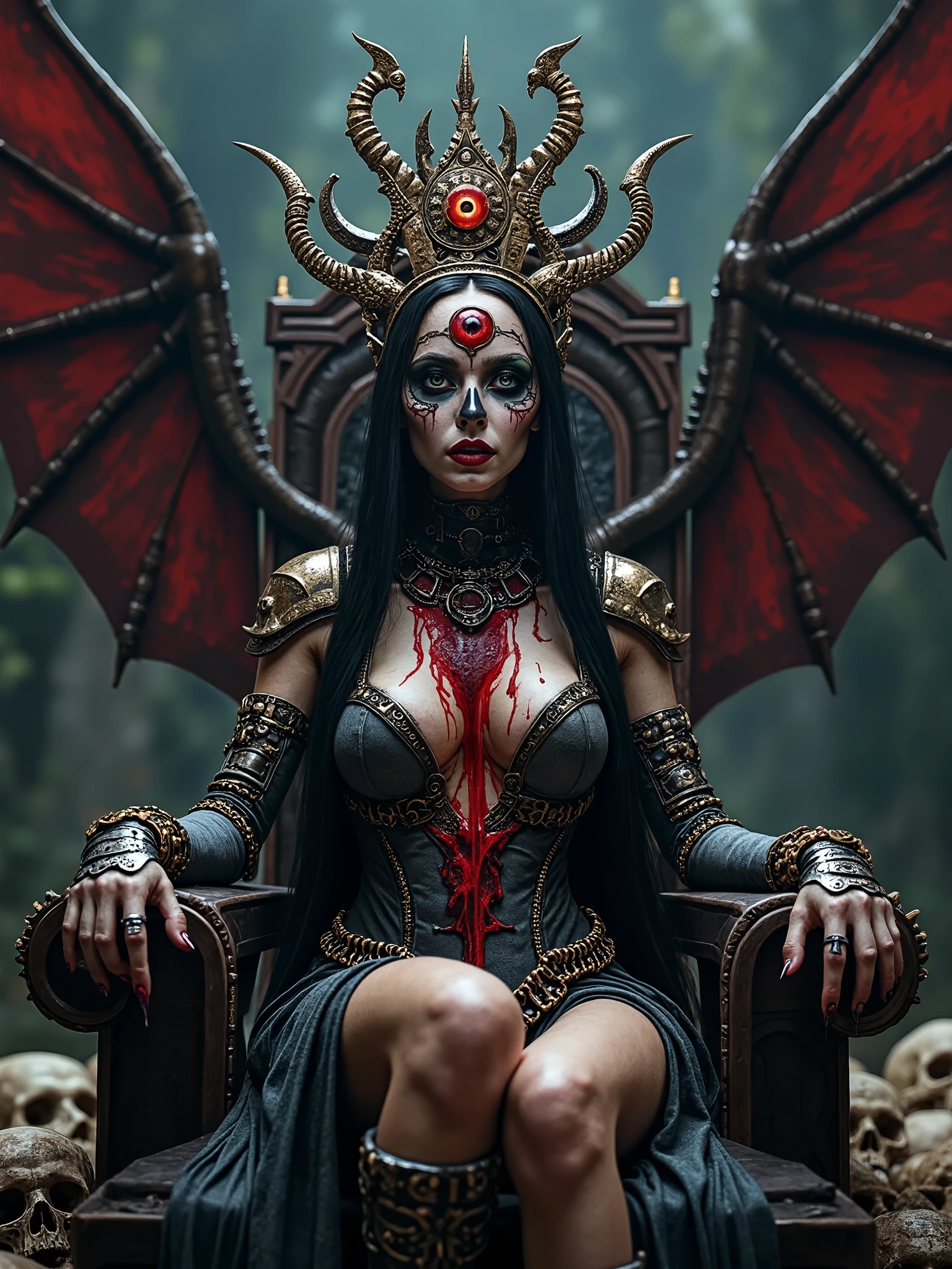 Beautiful Female cosmic entity,crown made from chains,with eye of Providence in the middle of her forehead,half skull half face,spilled with red and black fluid,dark makeup,dark surrealism,dark realistic photography, dark occult art,melancholic dark art, surreal dark art,realistic look,bone and metal plates armour, with spikes on the wrists and chain hooks on the Wings,cosmic background,she rises from the black hole with shadow and flame aura power,nude dark art,long chain mail dress,sitting in a throne made of skulls, biomechanical being 
