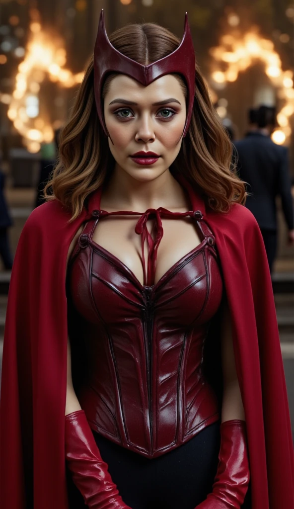 mujer (Elizabeth Olsen), mirando al espectador, sensual expression, (sonrisa sexy), caprichoso, pinceladas intrincadas, Beautiful lighting, detalles intrincados, Motor irreal, creativo, Expresivo, detallado, vistoso, arte digital, Single, pose sugerente, (vivid colors:1.2), Back, big breasts, mini skirt, bosom barely contained, bikini