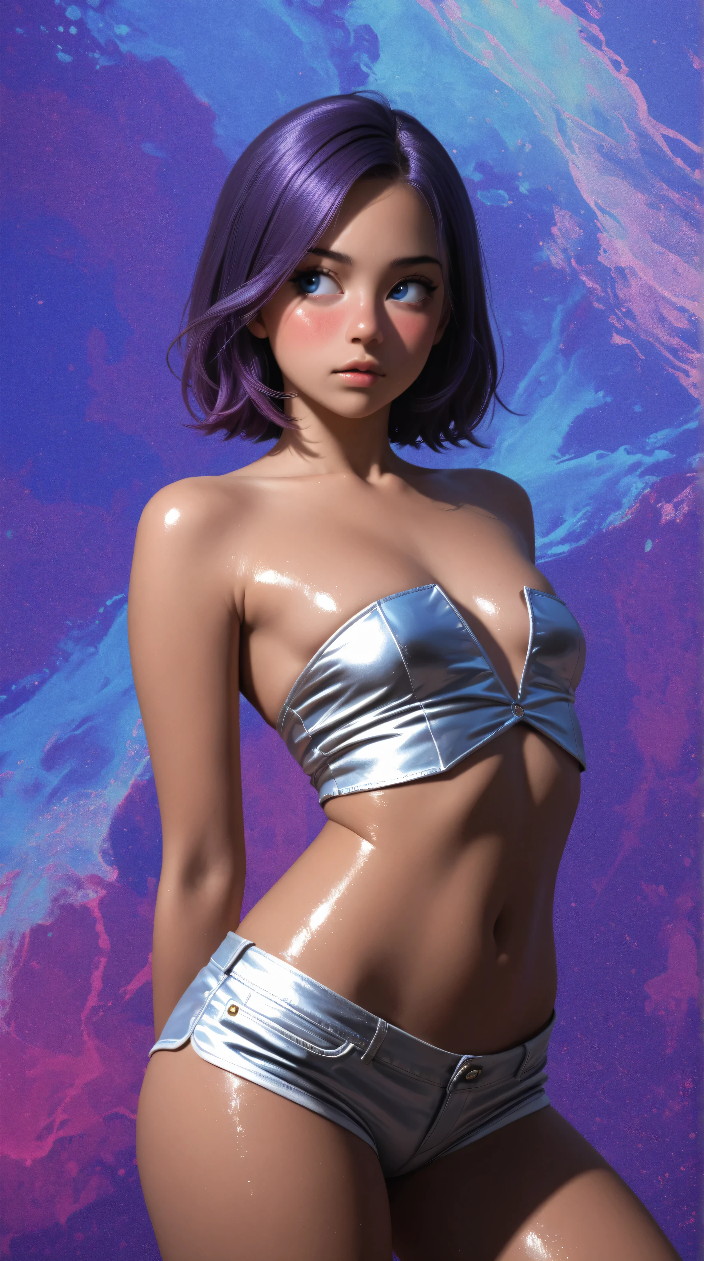 Wildlife, ((Best resolution)), ((high quality:1.2)), Work of art, 8k, extremely detailed, ((High detail:1.2)), Solo, asian girl, (mini-shorts, crop strapless), (beautiful perfect face:1.23), Kizi,(eyes looking off to side), Highly detailed, Amazing work,Vitreous luster, blues, yellows, Best quality at best,shiny skin, no background, colorful background, purple background, blue background, background, metallic purple, plunging neckline, sexy pose, dynamic pose, heavy blushing, small breasts, slight purple hair, blue eyes,