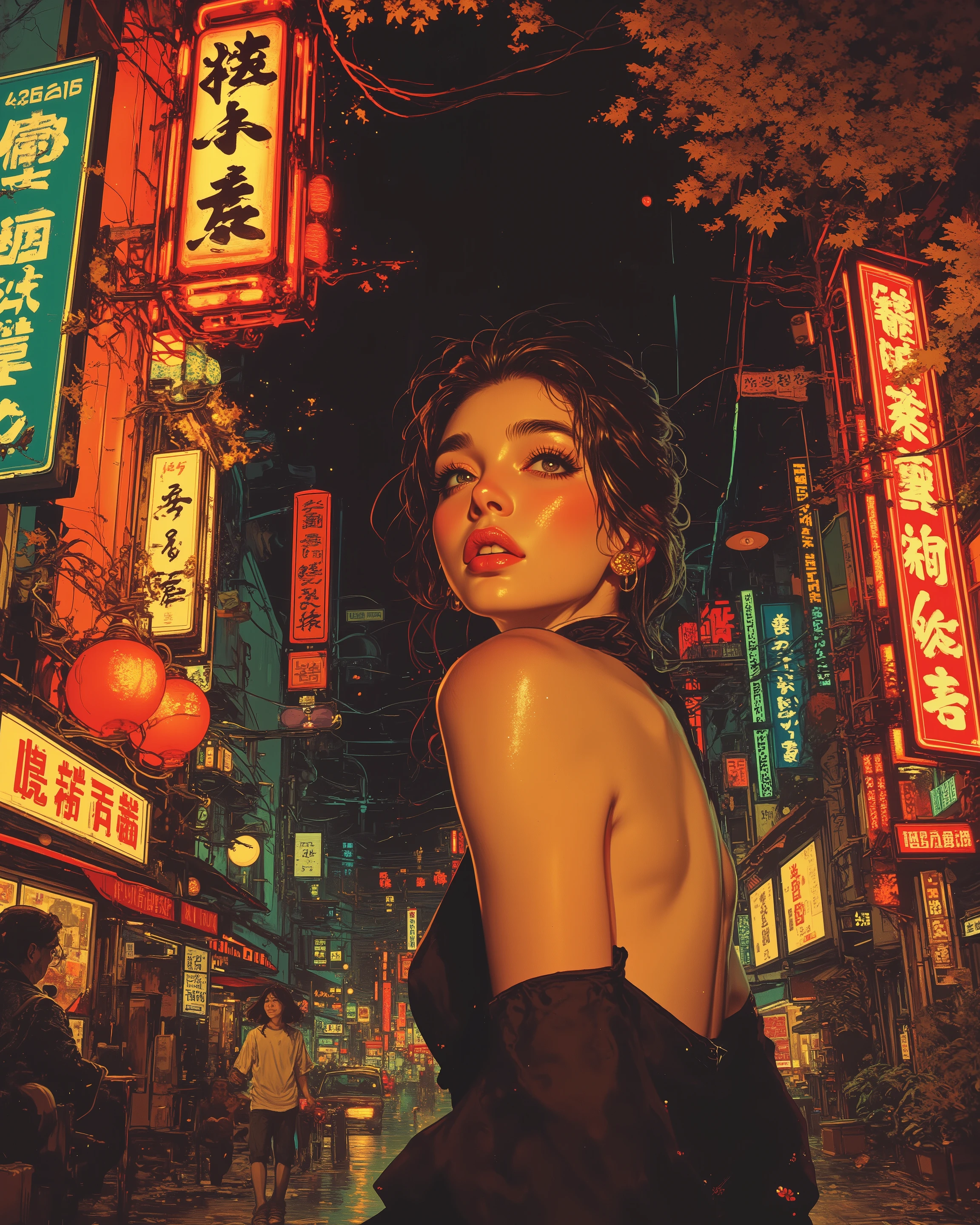 Young beautifull woman in tokyo street, neon, leaves down, yellow and orange ambient