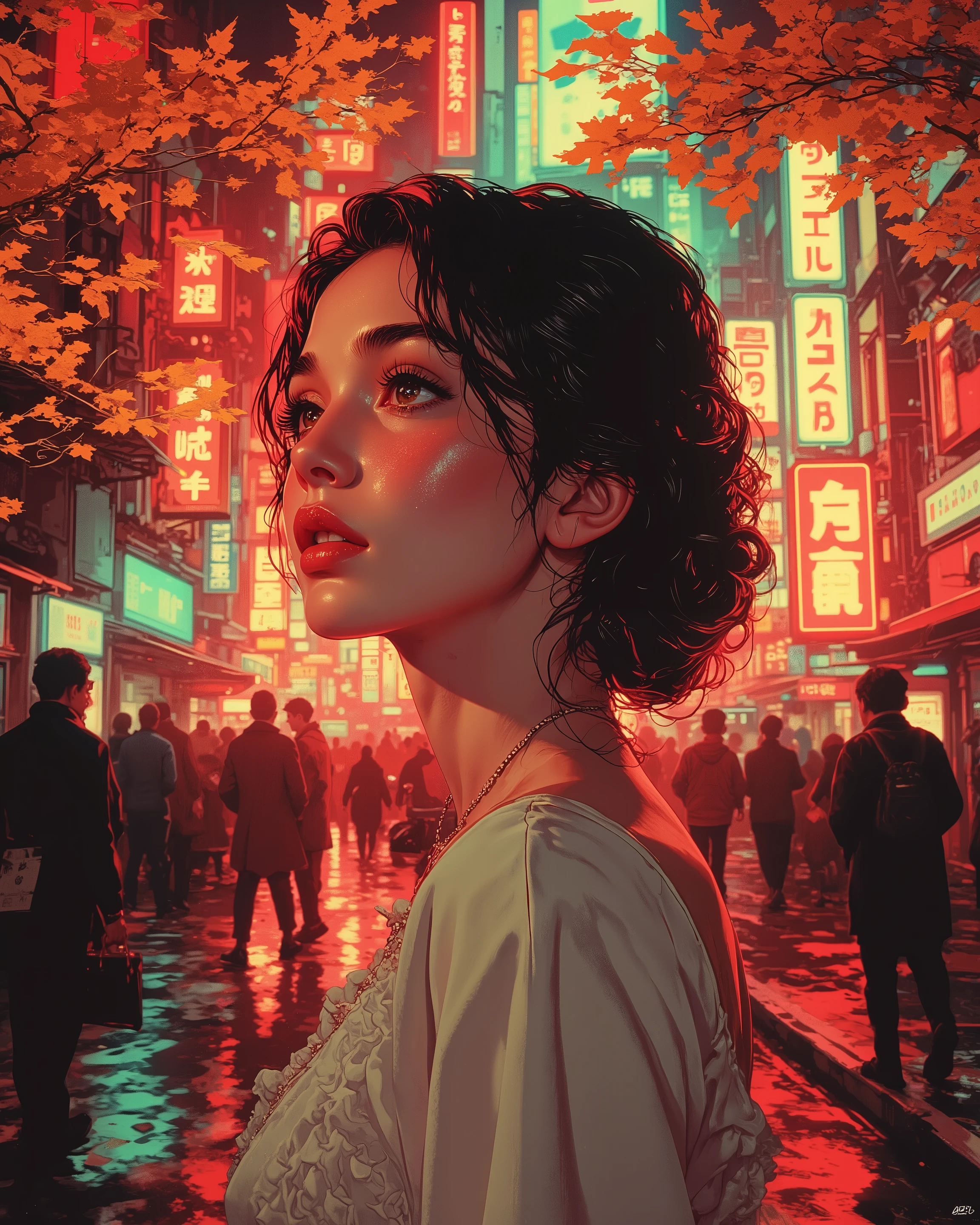 Young beautifull woman in tokyo street, neon, leaves down, yellow and orange ambient