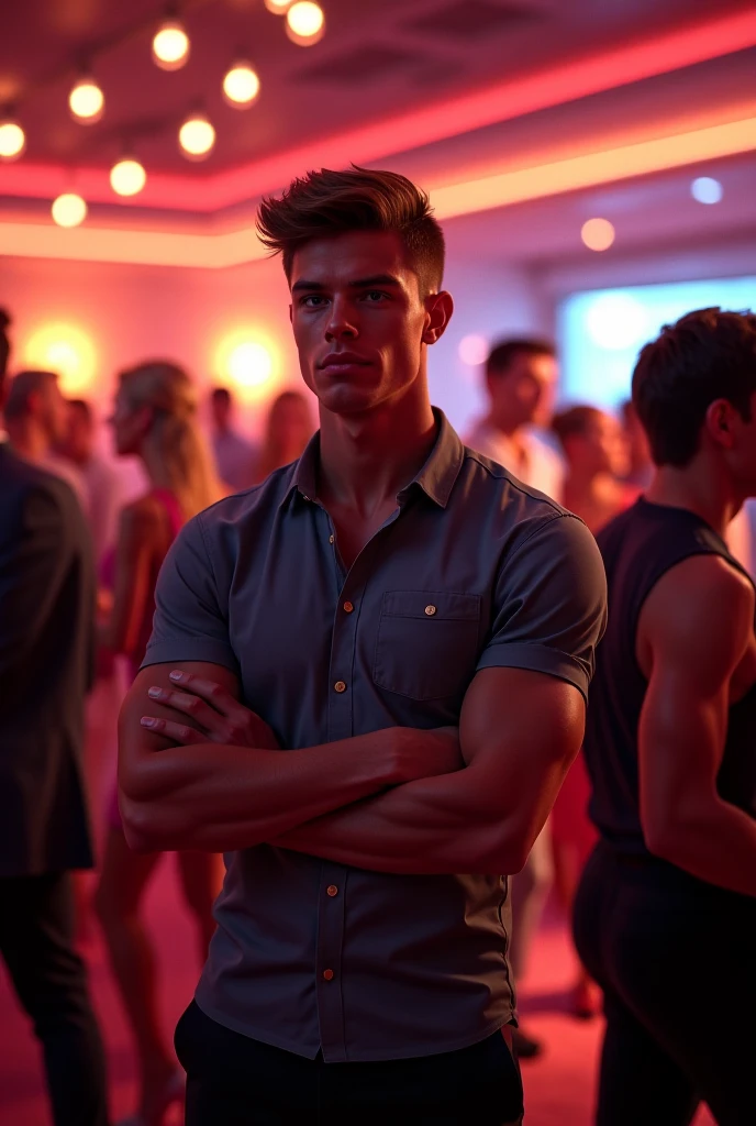 tall, athletic man, (with a slightly unbuttoned white shirt that revealed a muscular torso), in a nightclub (best quality,4k,8k,highres,masterpiece:1.2),ultra-detailed,(realistic,photorealistic,photo-realistic:1.37), dramatic lighting, neon club lights, atmospheric smoke, blurred background, elegant pose, confident expression, dancing, at the pub.