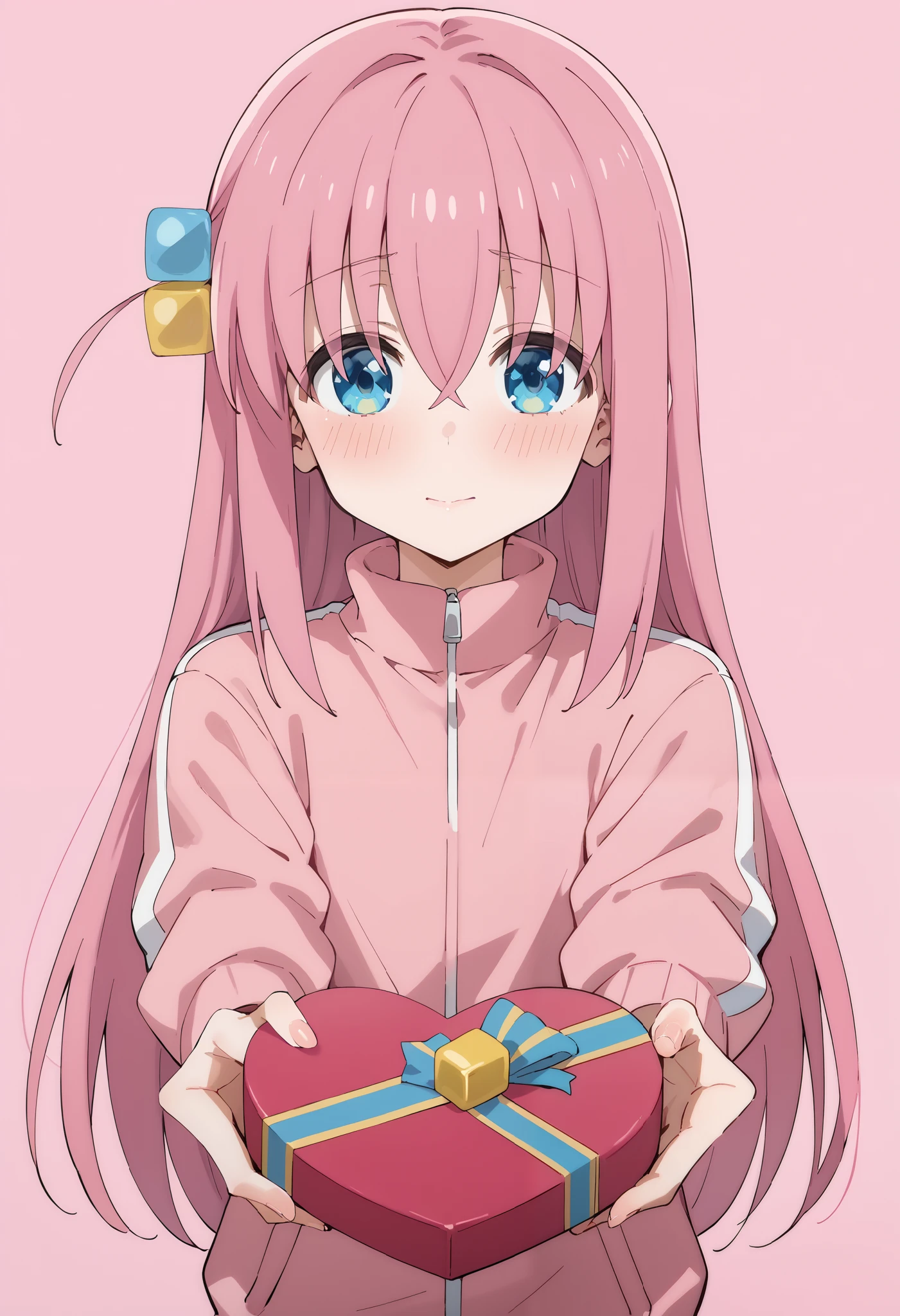 Score_9, score_8_up, score_7_up, source_anime, hitori gotou, blue eyes, cube hair ornament, hair between eyes, hair ornament, pink hair, one side up, long hair, pink jacket, track jacket, heart-shaped box, holding, box, gift, valentine, incoming gift, outstretched arms, pink background, heart background, (best quality), (high quality), {masterpiece}, extremely delicate and beautiful, ultra-detailed, beautiful detailed eyes, blush, embarrassed, closed mouth