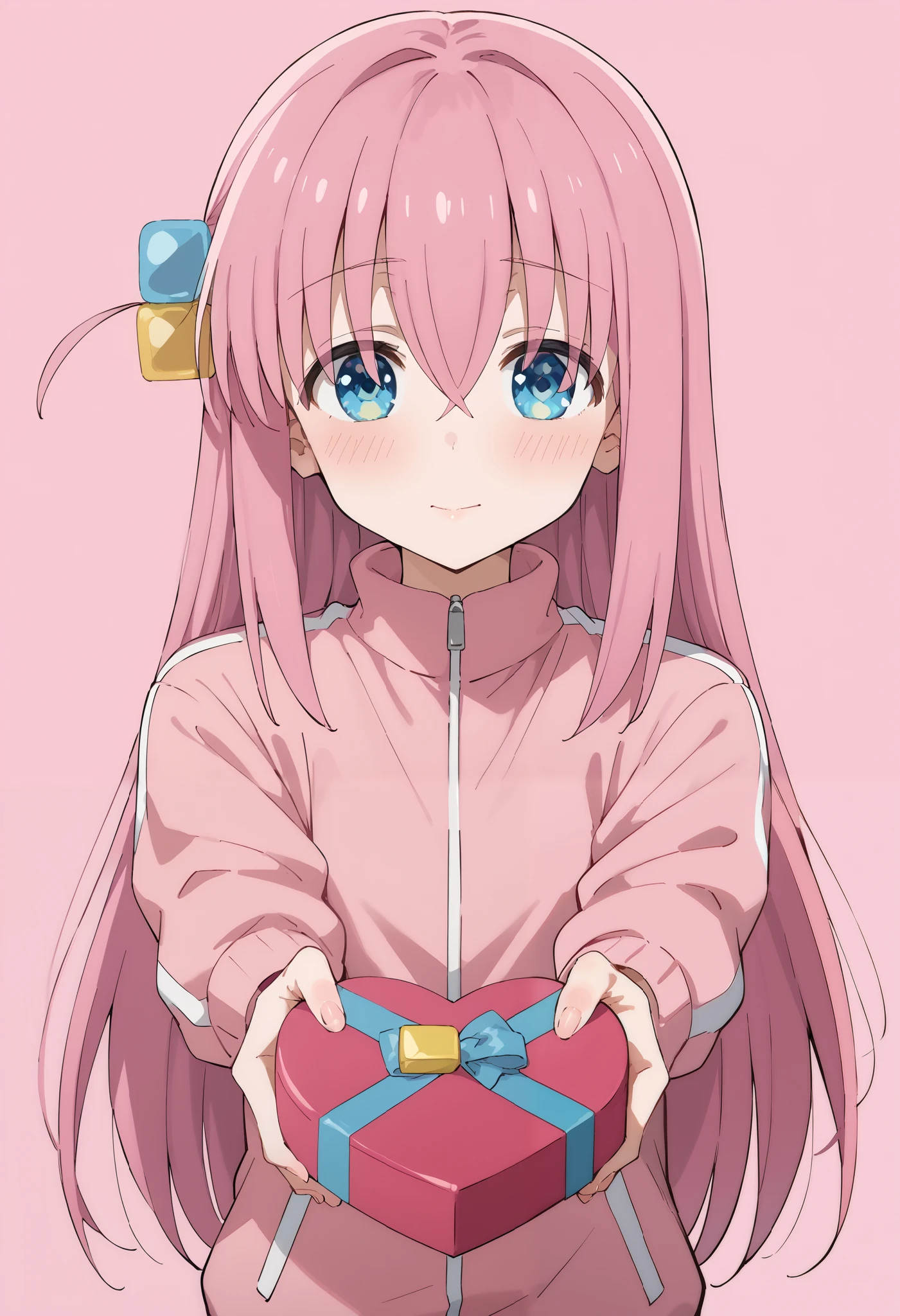 Score_9, score_8_up, score_7_up, source_anime, hitori gotou, blue eyes, cube hair ornament, hair between eyes, hair ornament, pink hair, one side up, long hair, pink jacket, track jacket, heart-shaped box, holding, box, gift, valentine, incoming gift, outstretched arms, pink background, heart background, (best quality), (high quality), {masterpiece}, extremely delicate and beautiful, ultra-detailed, beautiful detailed eyes, blush, embarrassed, closed mouth