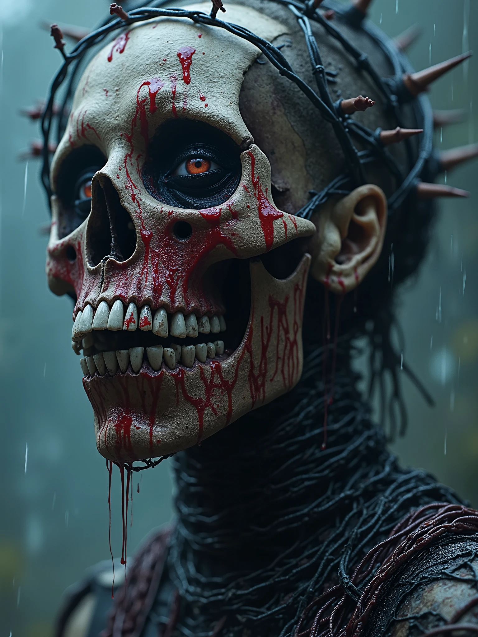 Punk skull with long hair blindfolded with blood stained blindfold. Crows behind her devour a decomposing body