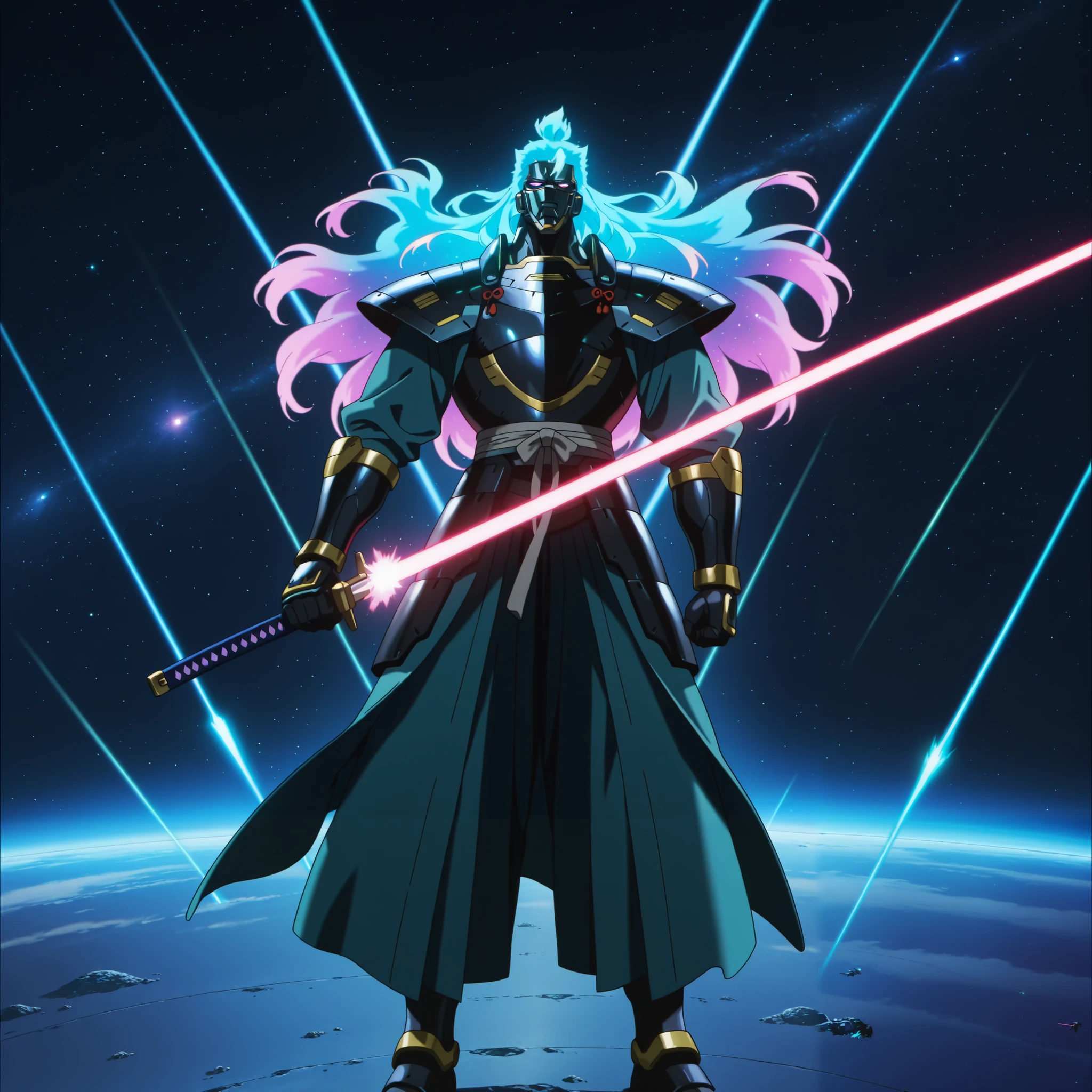 masterpiece, newest, absurdres, safe, anime screencap, Theme: samurai in space, 1boy, male focus, robotic armor, samurai armor, samurai sword, laser sword, long hair, holographic hair, spaceship, science fiction, energy sword, space, outer space background