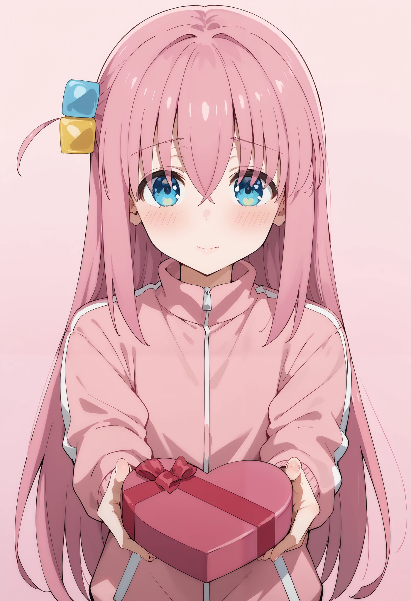 Score_9, score_8_up, score_7_up, source_anime, hitori gotou, blue eyes, cube hair ornament, hair between eyes, hair ornament, pink hair, one side up, long hair, pink jacket, track jacket, heart-shaped box, holding, box, gift, valentine, incoming gift, outstretched arms, pink background, heart background, (best quality), (high quality), {masterpiece}, extremely delicate and beautiful, ultra-detailed, beautiful detailed eyes, blush, embarrassed, closed mouth