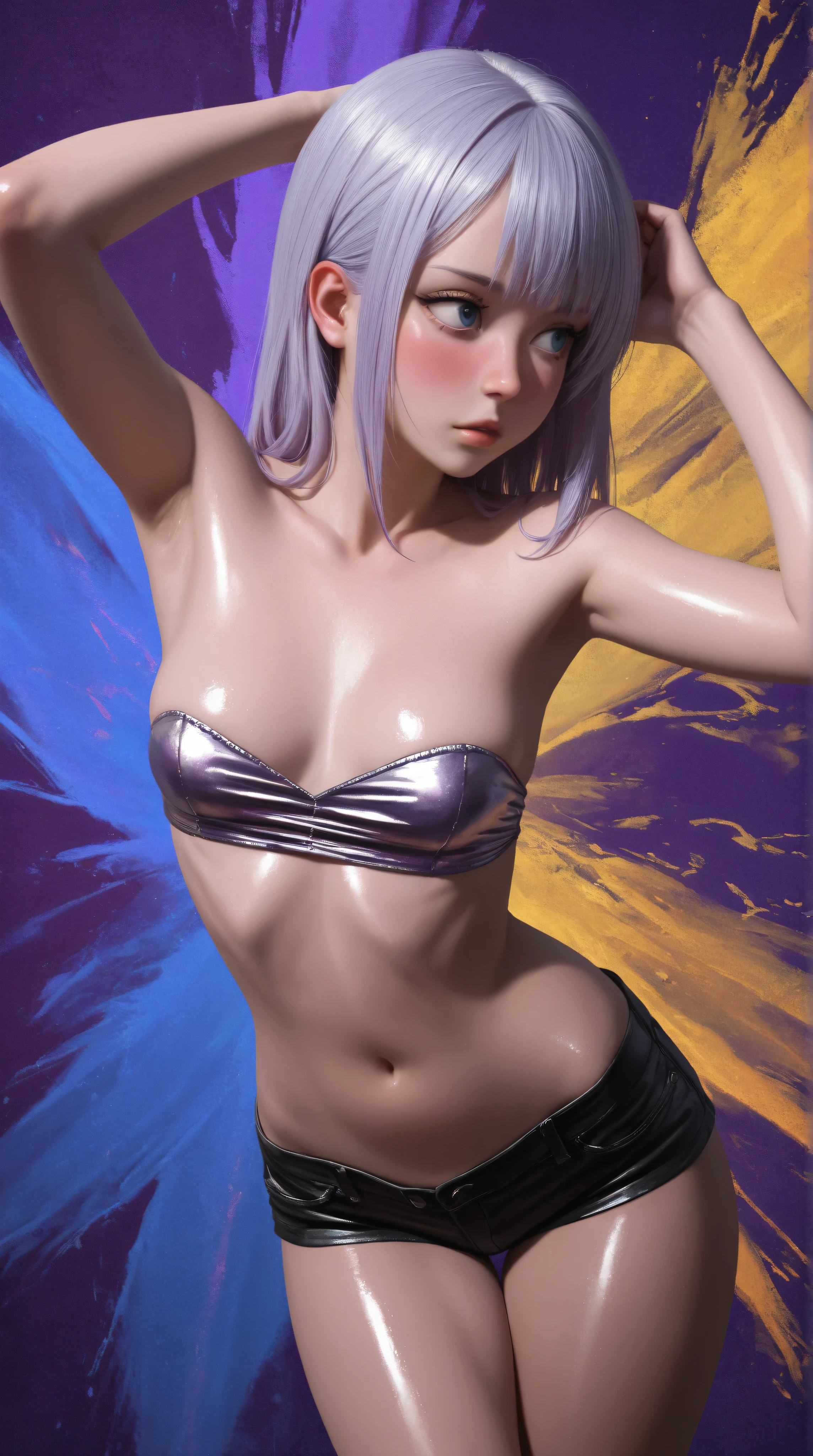 One girl, masterpiece, Very detailed, ((Cinema Lighting)),((Dramatic lighting)), ((Beautiful sparkle)),The background is a futuristic city,beautiful girl,The belly button and the surrounding area are exposed,Small breasts,Small Ass,Small waist,Leaner figure,Slim lower body,Slim legs and thighs,Very small and flat hips,Almost flat bust,Silver pink hair,