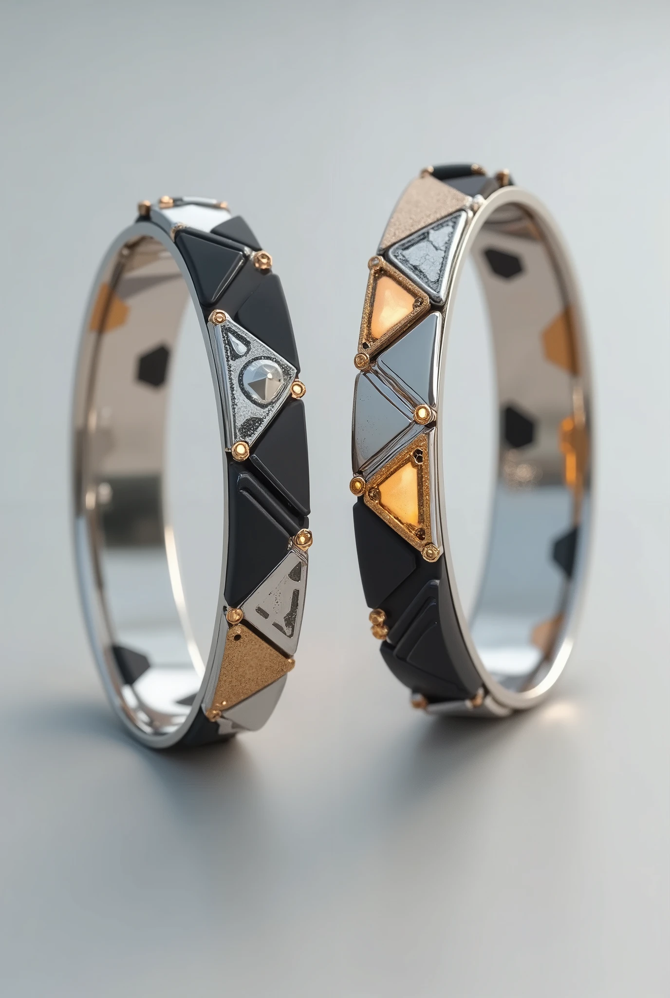 A pair of matching bracelets designed with symmetrical, complementary geometric elements. Each bracelet showcases intricate, polished patterns that balance sharp angular shapes with smooth curves. The design features intersecting triangles, circles, and hexagons, creating a sense of unity through repetition and contrast. The materials used are a combination of metallic silver, matte black, and subtle gold accents, giving the bracelets a modern, sophisticated look. The geometric shapes are seamlessly integrated, making each bracelet feel both connected and distinct, as if they complete each other. The concept art style gives the design a futuristic, almost abstract feel, with clean lines and a minimalist aesthetic that focuses on the balance between geometry and form. The background is a soft gradient of light gray, emphasizing the bracelets' elegance and symmetry. The composition is centered, with both bracelets slightly rotated to showcase their unique features from different angles, creating a perfect harmony between the two pieces.