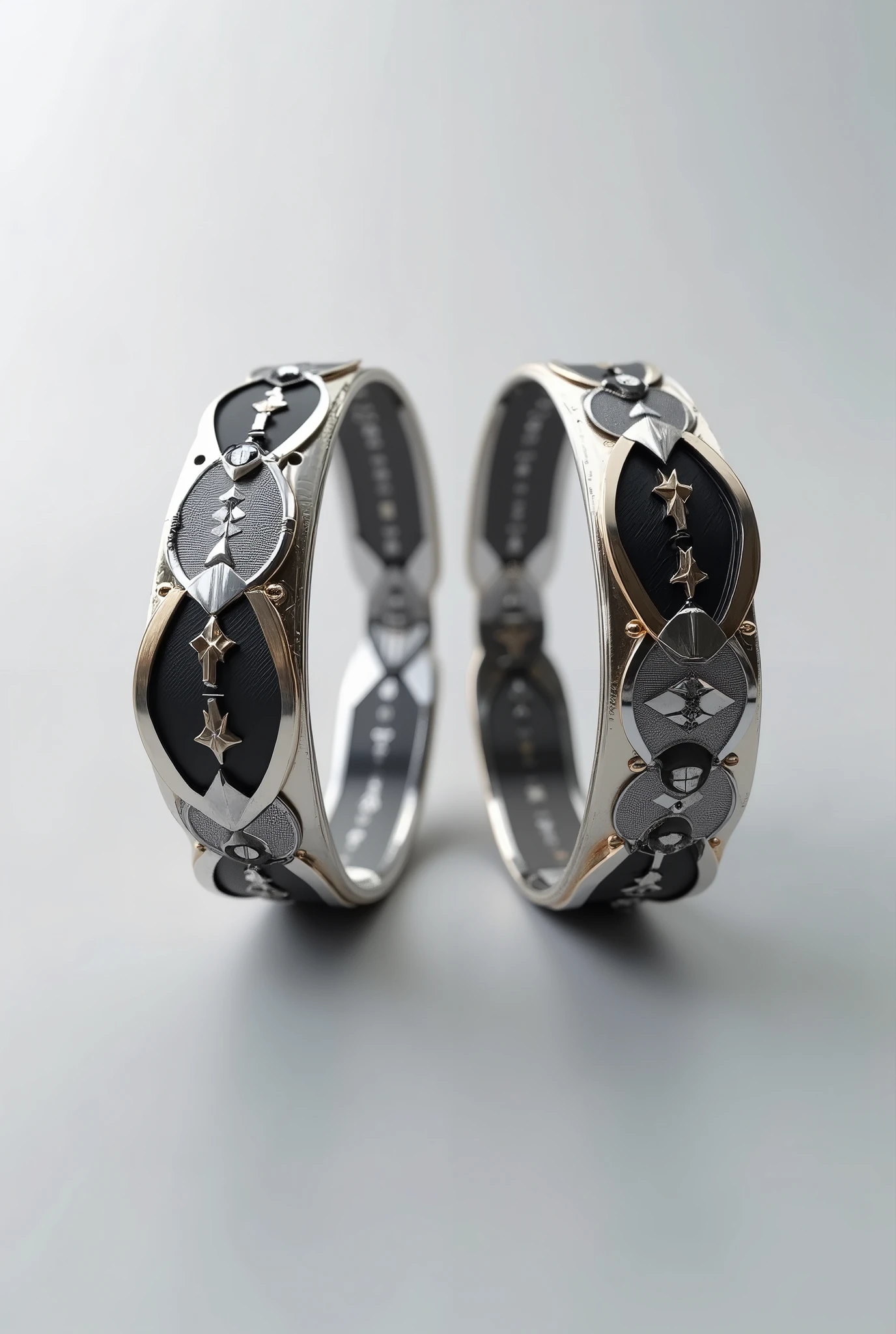 A pair of matching bracelets designed with symmetrical, complementary geometric elements. Each bracelet showcases intricate, polished patterns that balance sharp angular shapes with smooth curves. The design features intersecting triangles, circles, and hexagons, creating a sense of unity through repetition and contrast. The materials used are a combination of metallic silver, matte black, and subtle gold accents, giving the bracelets a modern, sophisticated look. The geometric shapes are seamlessly integrated, making each bracelet feel both connected and distinct, as if they complete each other. The concept art style gives the design a futuristic, almost abstract feel, with clean lines and a minimalist aesthetic that focuses on the balance between geometry and form. The background is a soft gradient of light gray, emphasizing the bracelets' elegance and symmetry. The composition is centered, with both bracelets slightly rotated to showcase their unique features from different angles, creating a perfect harmony between the two pieces.
