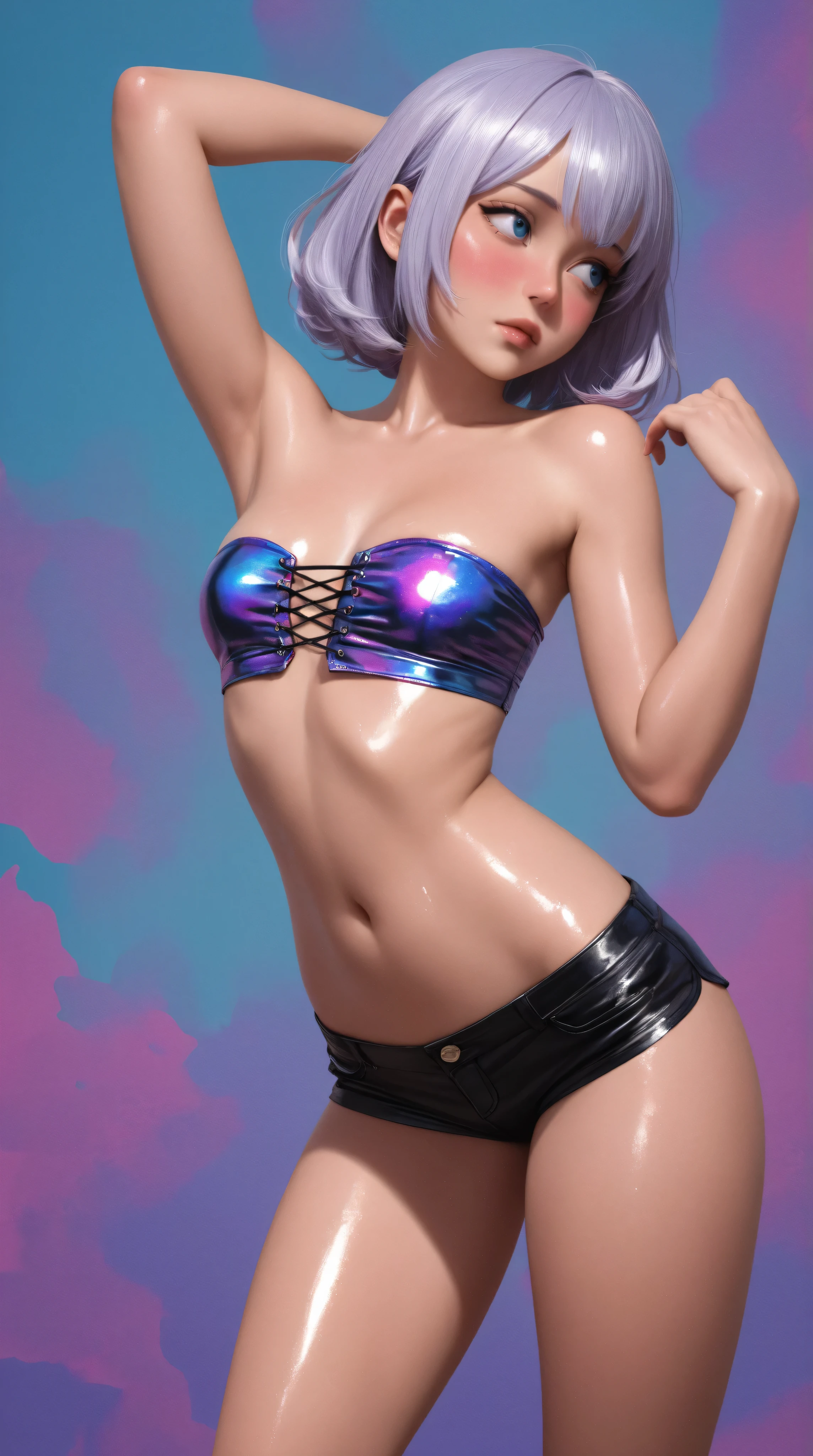 Model: short dark blue hair, full dark lips, Smoky eyes, shiny skin, space buns hairstyle, chloe price, elegant makeup, BREAK, Setting: Room with black light, Broken glass, Crystals reflect light, neon lights, BREAK, bodypaint: Polychromatic geometric patterns, Torso cover, Arms and legs, black tattoos BREAK, Accessories: Chrome-plated chains with torn body, Silver Choker BREAK, the pose: on a bed,The head is tilted upwards, looking forward. up close, hair in buns