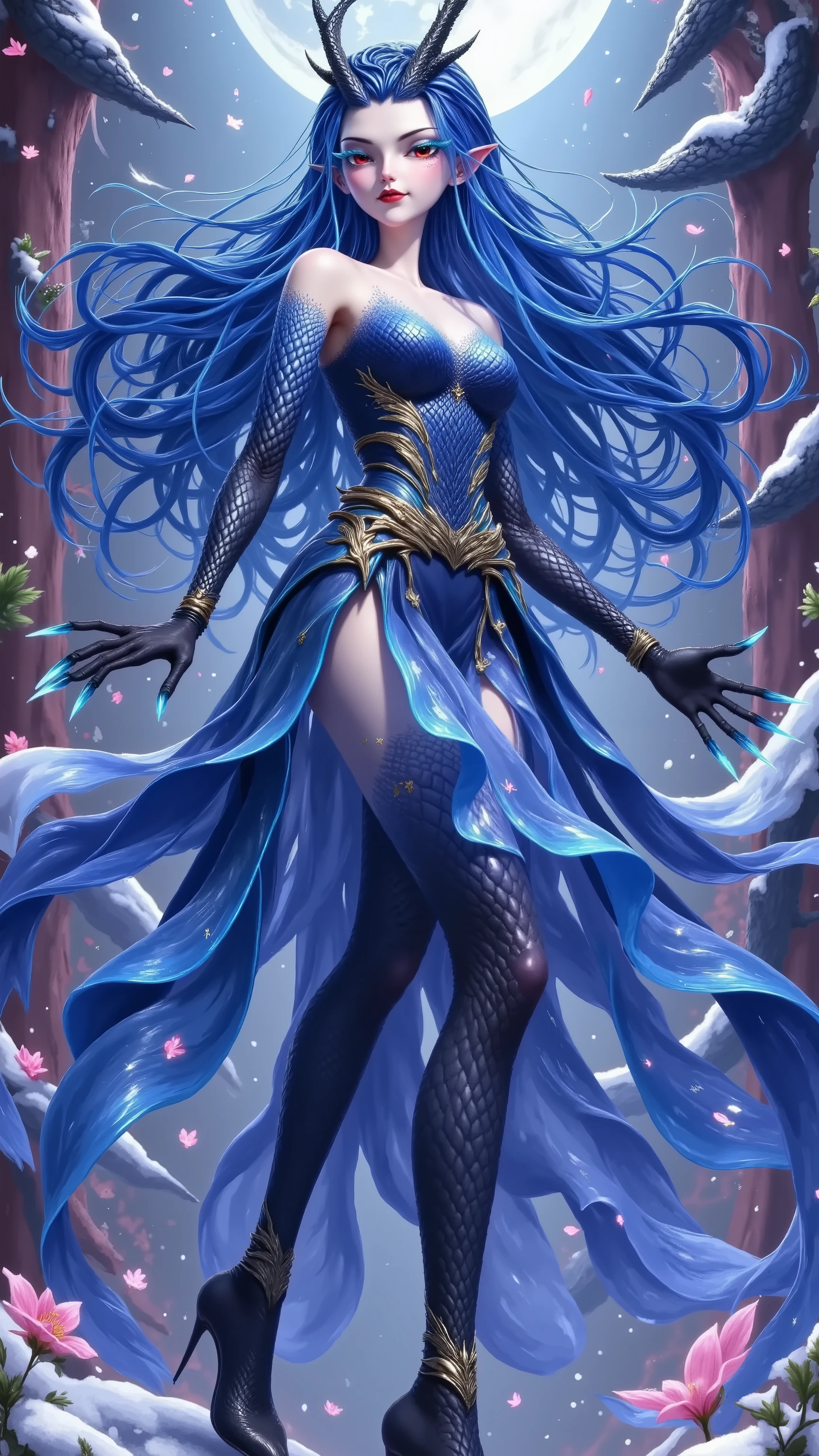 A woman with blue hair and horns , red eyes,Blue eyelashes,Scales on the cheeks, skirt,Thigh socks。Petals and snow falling in the air , Fine and gorgeous digital art , Full Moon