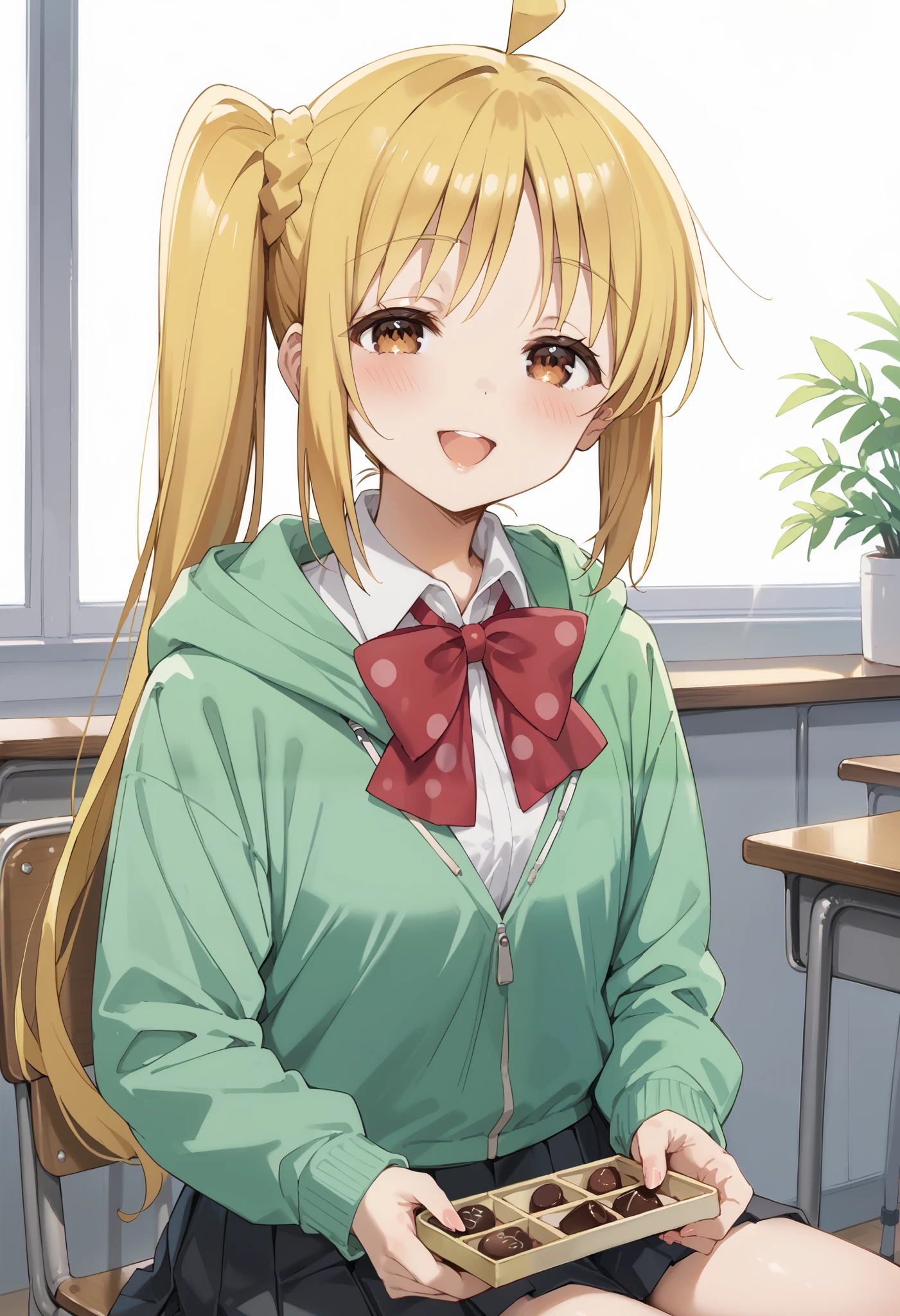 Score_9, score_8_up, score_7_up, source_anime, nijika ijichi, ahoge, yellow hair, brown eyes, long hair, side ponytail, black skirt, bow, bowtie, collared shirt, pleated skirt, polka dot, polka dot bow, red bow, red bowtie, shirt, long sleeves, skirt, white shirt, green hoodie, incoming food, chocolate, holding, holding chocolate, holding food, food, looking at viewer, open mouth, blush, smile, (best quality), (high quality), {masterpiece}, extremely delicate and beautiful, ultra-detailed, beautiful detailed eyes, school classroom, sitting on chair, half closed eyes