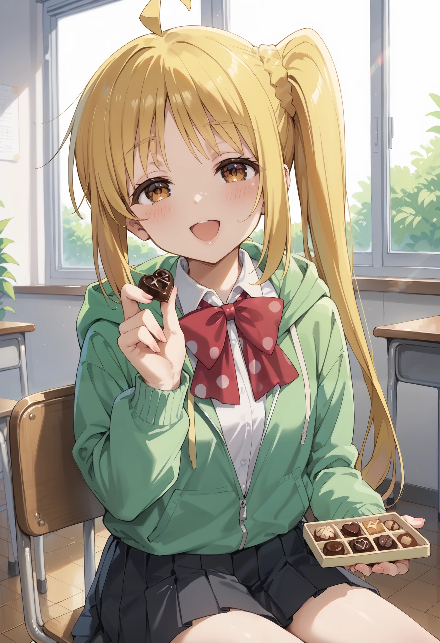 Score_9, score_8_up, score_7_up, source_anime, nijika ijichi, ahoge, yellow hair, brown eyes, long hair, side ponytail, black skirt, bow, bowtie, collared shirt, pleated skirt, polka dot, polka dot bow, red bow, red bowtie, shirt, long sleeves, skirt, white shirt, green hoodie, incoming food, chocolate, holding, holding chocolate, holding food, food, looking at viewer, open mouth, blush, smile, (best quality), (high quality), {masterpiece}, extremely delicate and beautiful, ultra-detailed, beautiful detailed eyes, school classroom, sitting on chair, half closed eyes