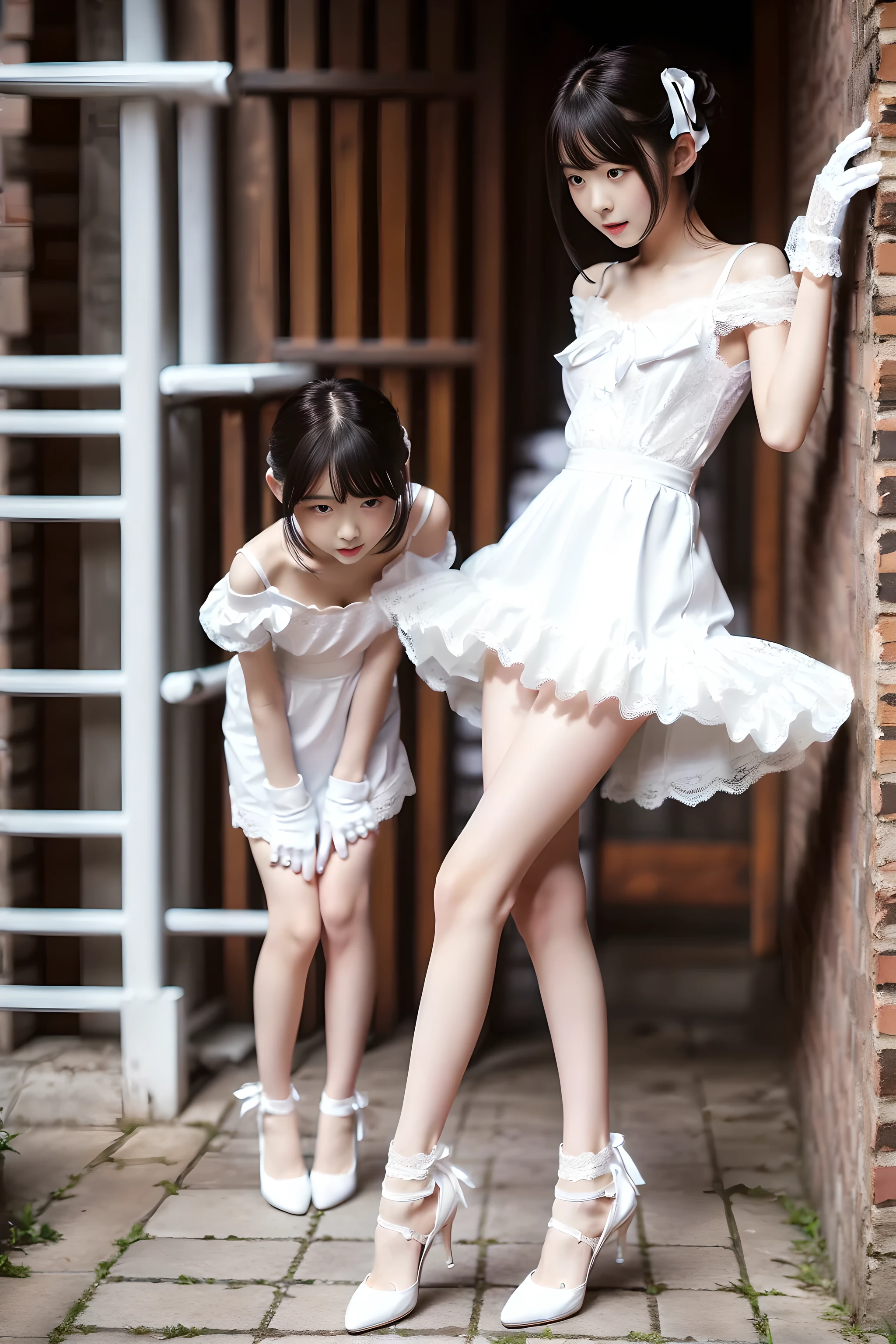 Very cute baby -faced Japanese sister,Two beautiful girls aged 10 and 12,((Full body photo)),twin tail hair,Photographed like a voyeur,arms behind back,slim body shape,I can see the cleavage,disproportionate breasts,large breasts,(looking at another,ball gag,open mouth,despair face,water eye),collar,pigeon toed,White See-Through Babydoll,White see-through micro mini skirt,white high heels,white scanti,Photographed from below,best quality,ultra-detailed,high resolution,baby face,beautiful white skin,A room with white wallpaper and underwear scattered around