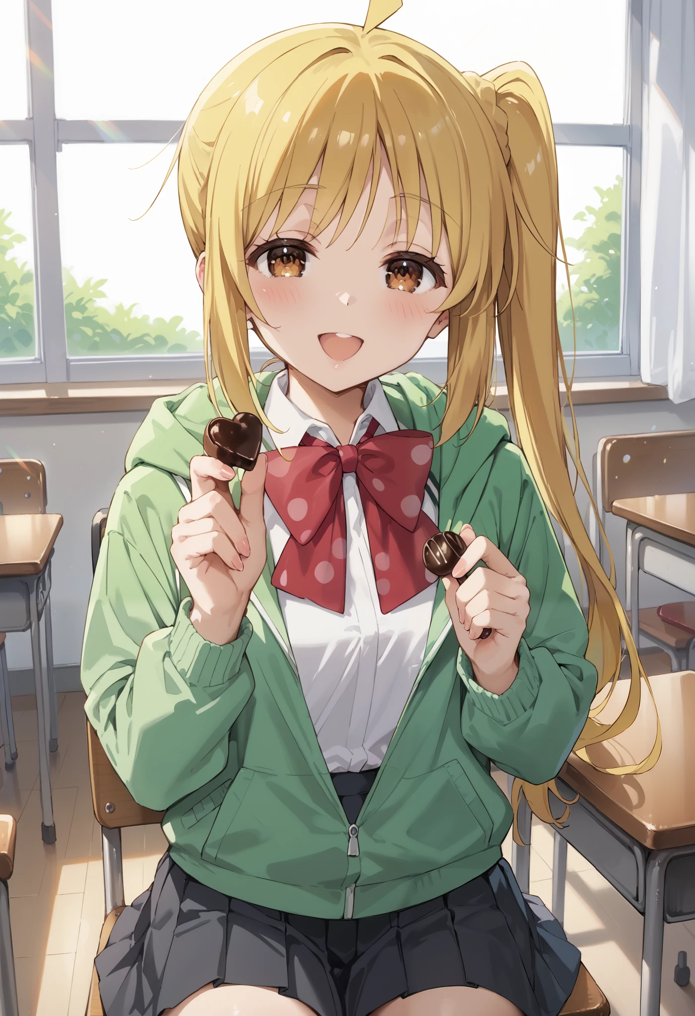 Score_9, score_8_up, score_7_up, source_anime, nijika ijichi, ahoge, yellow hair, brown eyes, long hair, side ponytail, black skirt, bow, bowtie, collared shirt, pleated skirt, polka dot, polka dot bow, red bow, red bowtie, shirt, long sleeves, skirt, white shirt, green hoodie, incoming food, chocolate, holding, holding chocolate, holding food, food, looking at viewer, open mouth, blush, smile, (best quality), (high quality), {masterpiece}, extremely delicate and beautiful, ultra-detailed, beautiful detailed eyes, school classroom, sitting on chair, half closed eyes