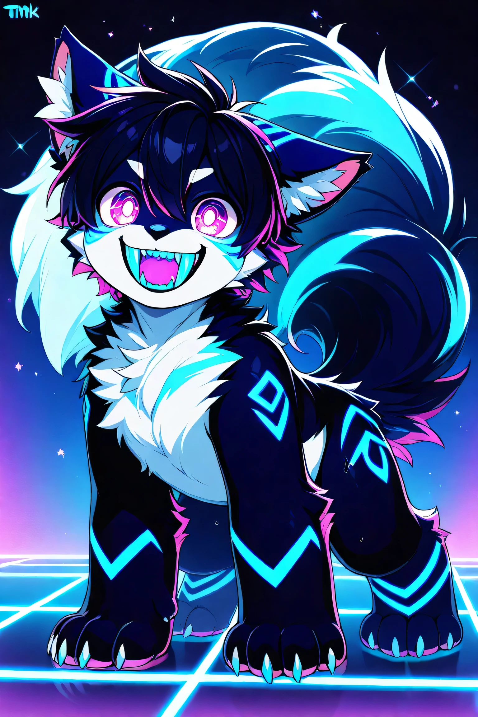 (((Feral))), male, fluffy fur, solo, attractive body, big tail, big paws, claws, ((big fangs)), (((white belly))), (((black fur))), (((blue neon fur markings))), cub, young, colored, crazy smile, floating hearts, chest fluff, fluffy hair, back fluff, leg fluff, (((twink body))) wet fur, on dancefloor, (((portrait))), on front view, paws