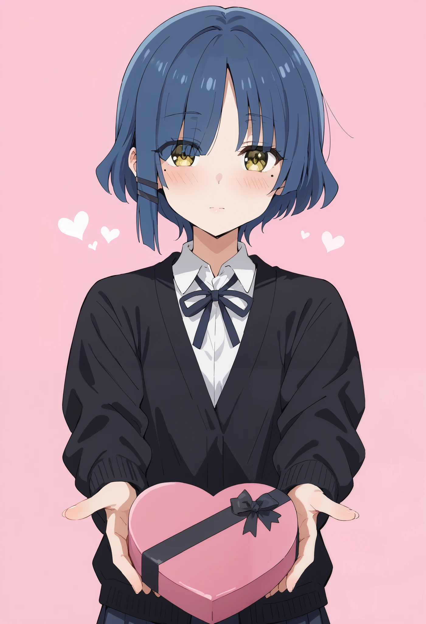 Score_9, score_8_up, score_7_up, source_anime, ryou yamada, blue hair, eyes visible through hair, mole, mole under eye, short hair, yellow eyes, hairclips, black ribbon, long sleeves, school uniform, shimokitazawa high school uniform, shirt, skirt, white shirt, black cardigan, heart-shaped box, holding, box, gift, valentine, incoming gift, outstretched arms, pink background, heart background, (best quality), (high quality), {masterpiece}, extremely delicate and beautiful, ultra-detailed, beautiful detailed eyes, blush, no impression, closed mouth