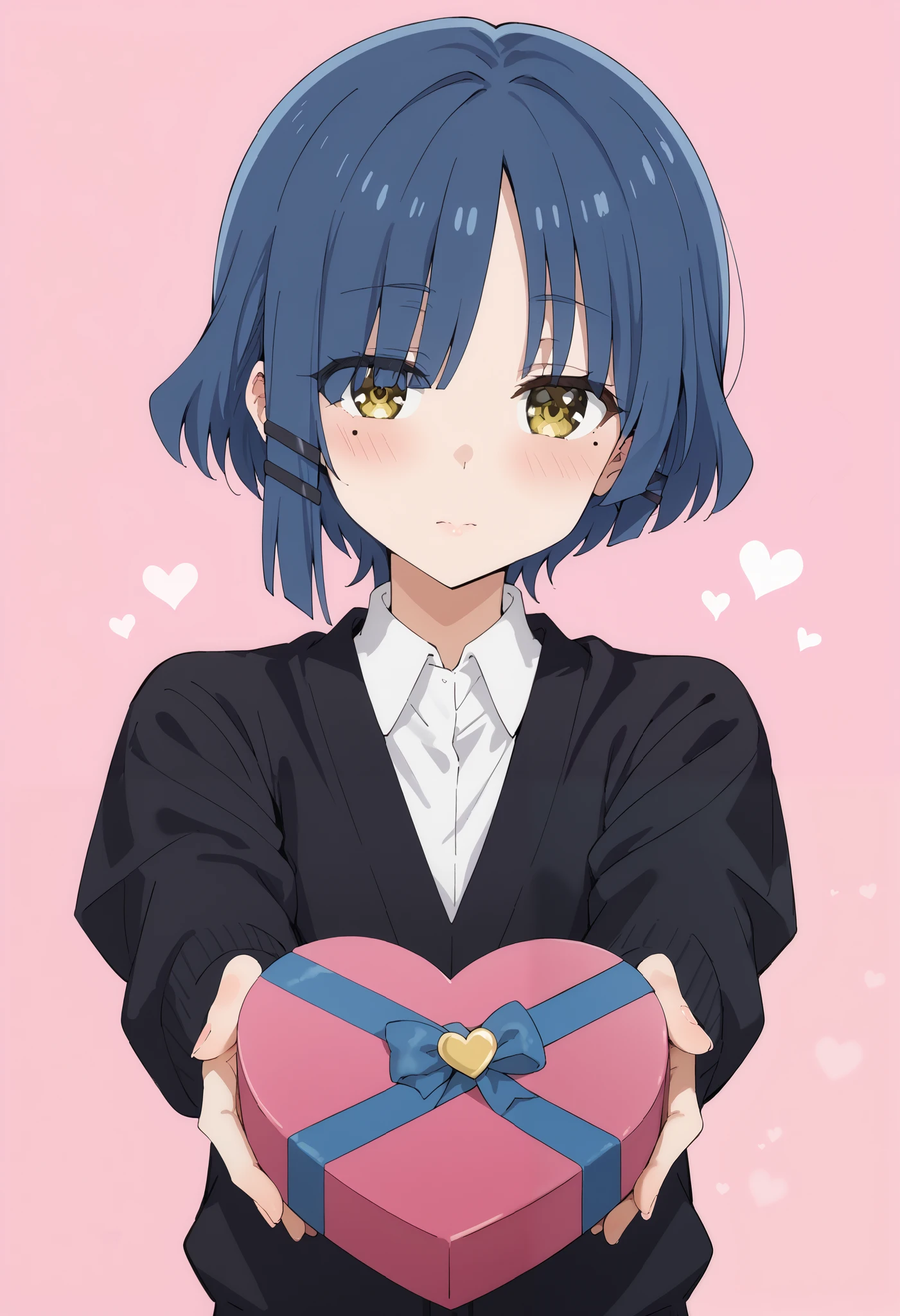 Score_9, score_8_up, score_7_up, source_anime, ryou yamada, blue hair, eyes visible through hair, mole, mole under eye, short hair, yellow eyes, hairclips, black ribbon, long sleeves, school uniform, shimokitazawa high school uniform, shirt, skirt, white shirt, black cardigan, heart-shaped box, holding, box, gift, valentine, incoming gift, outstretched arms, pink background, heart background, (best quality), (high quality), {masterpiece}, extremely delicate and beautiful, ultra-detailed, beautiful detailed eyes, blush, no impression, closed mouth