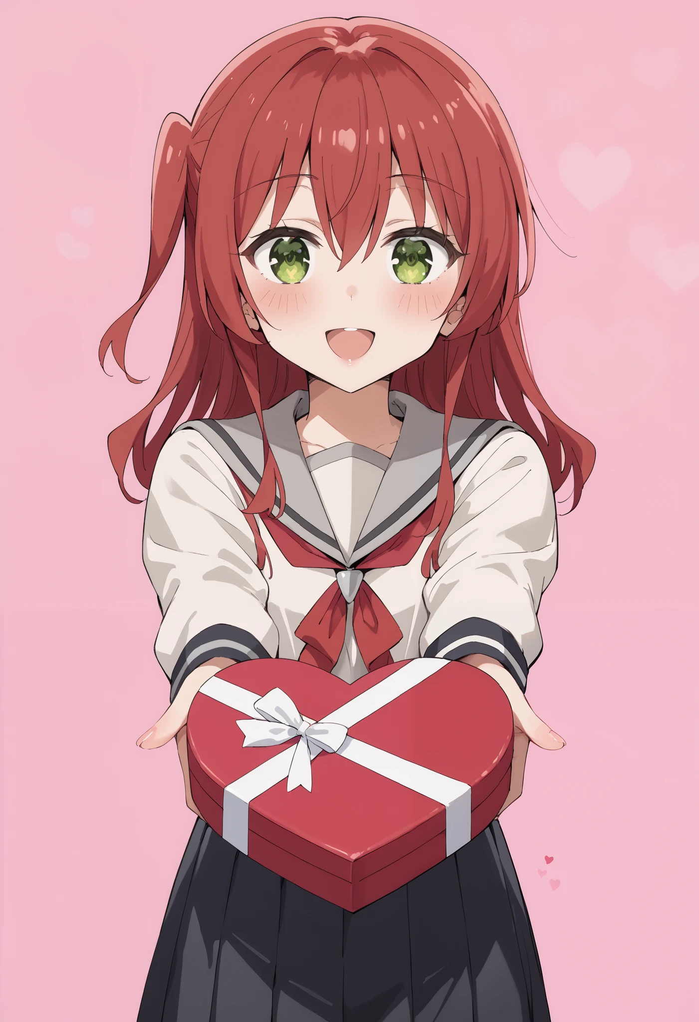 Score_9, score_8_up, score_7_up, source_anime, ikuyo kita, green eyes, hair between eyes, long hair, one side up, red hair, black skirt, grey sailor collar, pleated skirt, sailor collar, school uniform, shoes, long sleeves, shuka high school uniform, skirt, heart-shaped box, holding, box, gift, valentine, incoming gift, outstretched arms, pink background, heart background, (best quality), (high quality), {masterpiece}, extremely delicate and beautiful, ultra-detailed, beautiful detailed eyes, blush, smile, open mouth