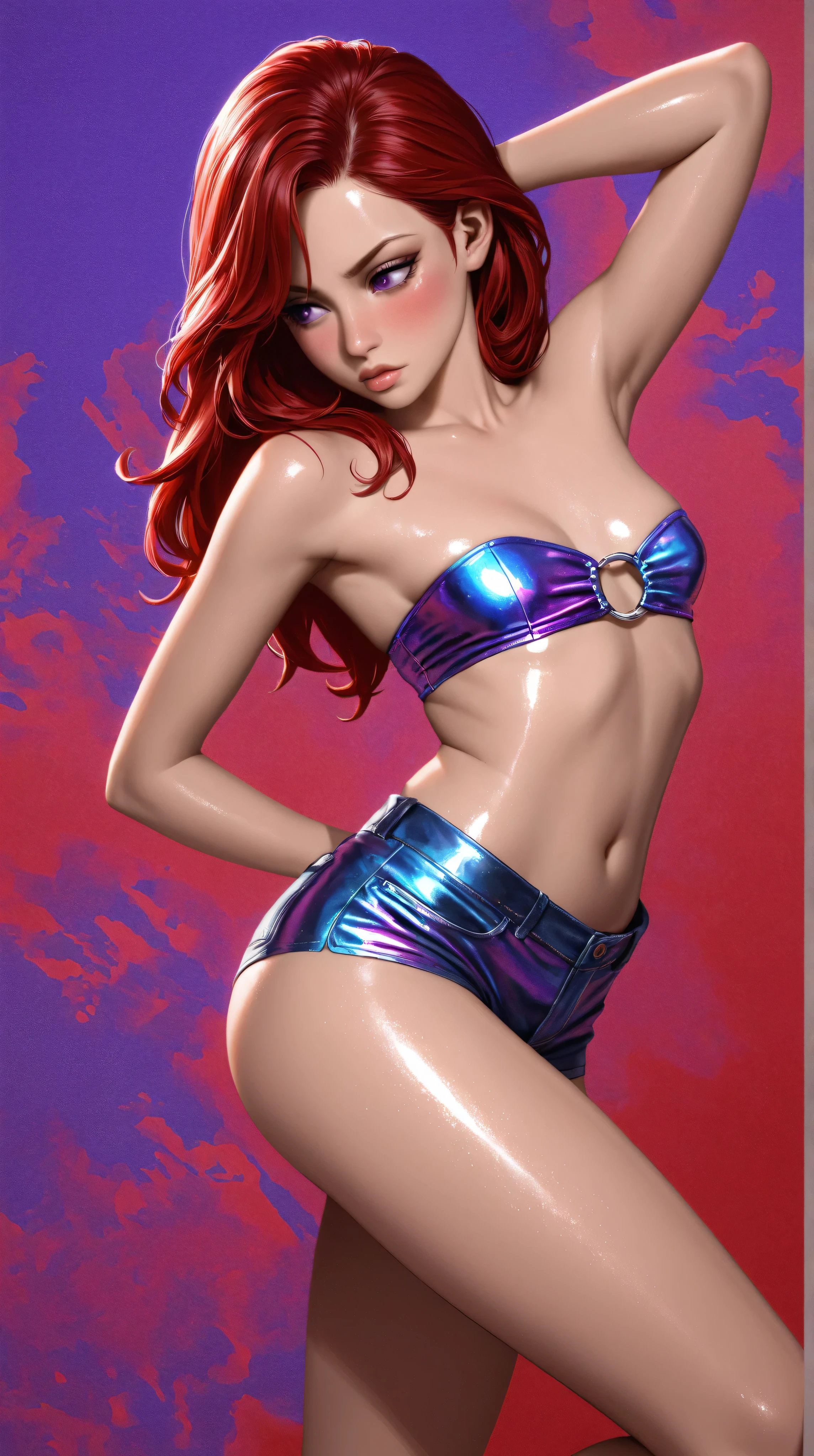 1 girl, solamente, (NSFW), Cute 18-year-old red-haired girl with two tails, ((cuerpo femenino perfecto)) multiple (cabello color arco iris: 1.2), (Hermosos ojos azules detallados: 1.6), (Ojos fotorrealistas: 1.6), feliz, Ucraniano, (Small body), ((small hips)), white pale skin, (desnudez), (dedo del pie de camello), pantimedias aceitosas brillantes, Maillot de una pieza, Fondo de ciudad futurista, Gloomy colorful lighting, cielo muy oscuro, Foto realista, dynamic lighting, NSFW
