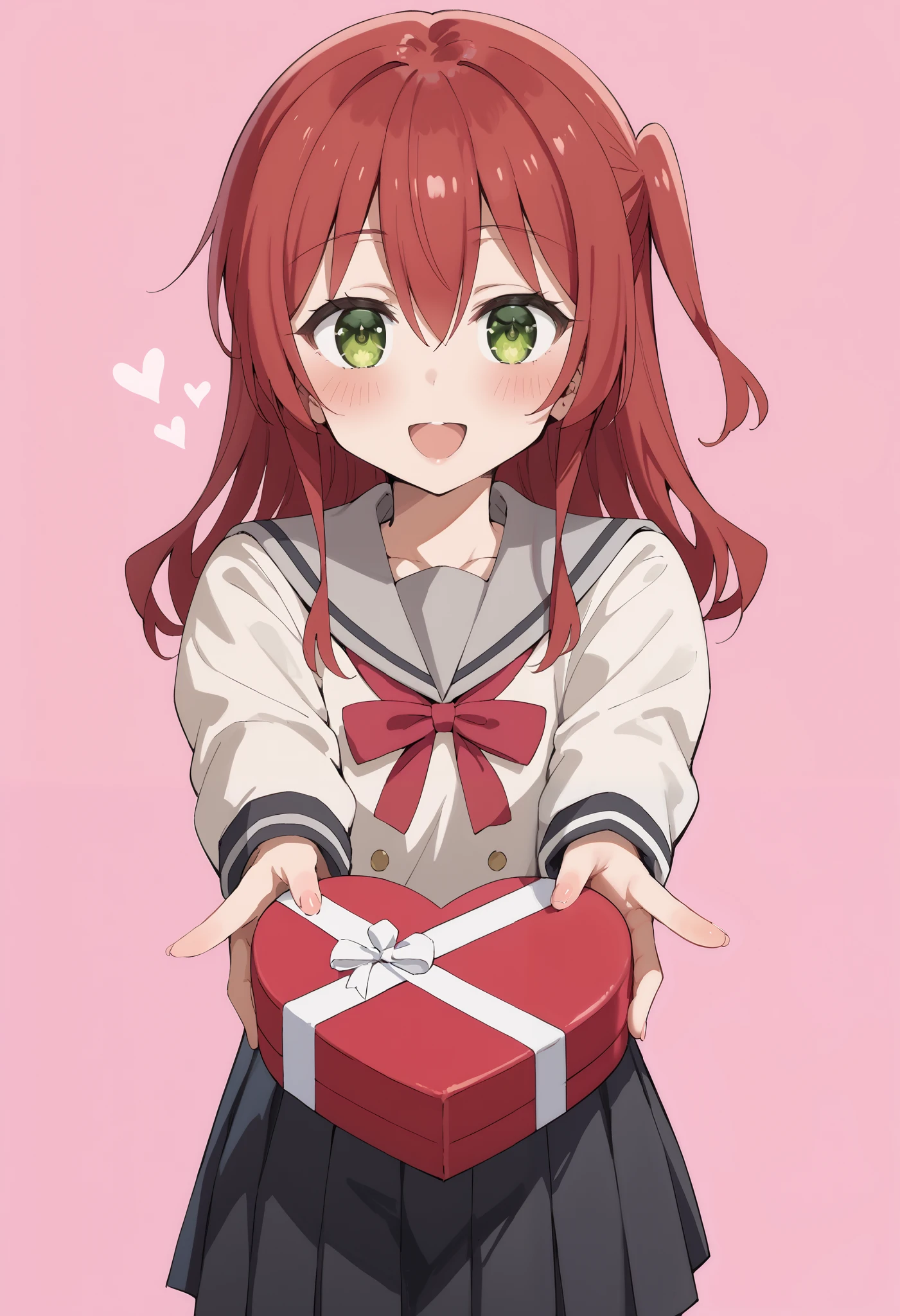 Score_9, score_8_up, score_7_up, source_anime, ikuyo kita, green eyes, hair between eyes, long hair, one side up, red hair, black skirt, grey sailor collar, pleated skirt, sailor collar, school uniform, shoes, long sleeves, shuka high school uniform, skirt, heart-shaped box, holding, box, gift, valentine, incoming gift, outstretched arms, pink background, heart background, (best quality), (high quality), {masterpiece}, extremely delicate and beautiful, ultra-detailed, beautiful detailed eyes, blush, smile, open mouth