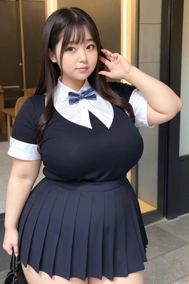 ((best quality, 8k, masterpiece :1.3)), sharp focus :1.2, 1 cute girl, huge breast, (((thick thighs:1.2))), ((huge ass)), ((chubby:1.2)), (school uniform), (pleated skirt), (smile:1.15), highly detailed face and skin texture, Detailed eyes, (round face:1.4), standing, (((low angle shot:1.4))), classroom