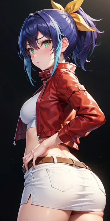 1 Female,High definition,high resolution,Ultra-realistic,8K, aaserena, yellow ponytail, ((multicolored hair)), red jacket, black shirt, belt, ((white skirt)), tight skirt,miniskirt ,jewelry,European,sexy,Upper body close-up,Photographed from the front,Dynamic Angles,blush, medium tits, happy, wink the eye,facial, sweat,multicolored hair ,(wide thighs:1.4),(white panties),(show panties),(from behind),(huge ass),(show ass),(blush), detailed face,((nipples))