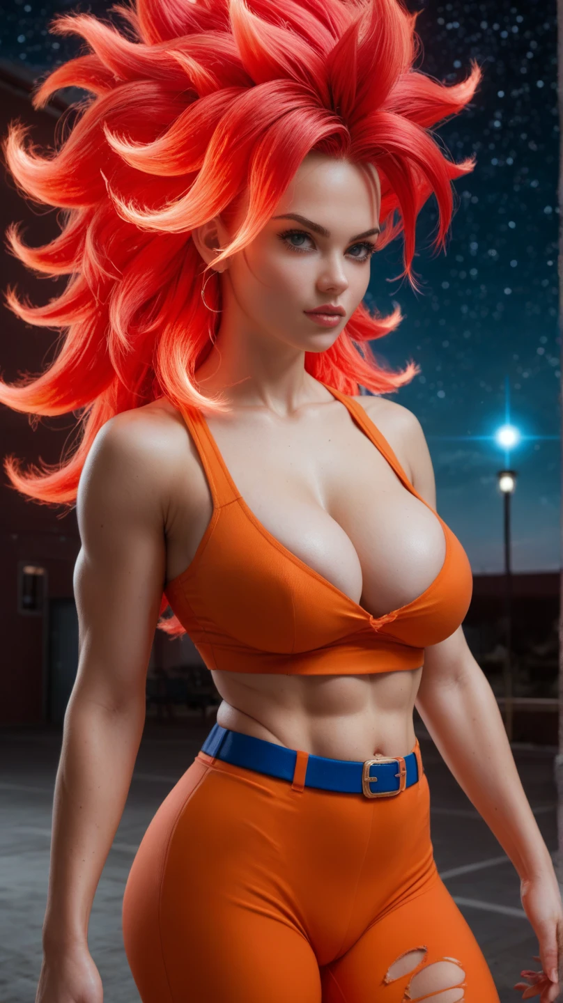 One beautiful long orange-haired dark tanned, huge medium breasts, European Heroine with an ice-blue sexy very-deep-low-cut karate-outfit fighting kung-fu-style with het enemies. realistic. 