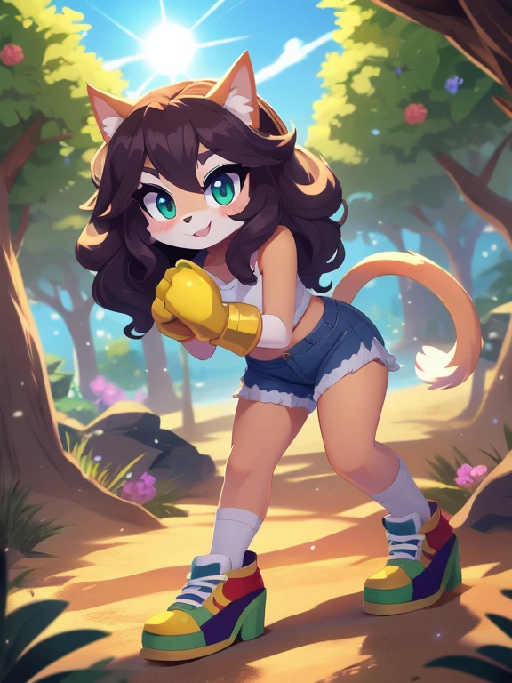 Emily(Pad), solo, 1girl, anthro, female furry, catgirl, tan fur, brown hair, pigtails, sidelocks, blue eyes, pink nose, full body, looking at viewer, medium breasts, diaper, pink cheerleader outfit, pom-poms, jumping, in the air, cowboy shot, schoolyard setting, excited expression,