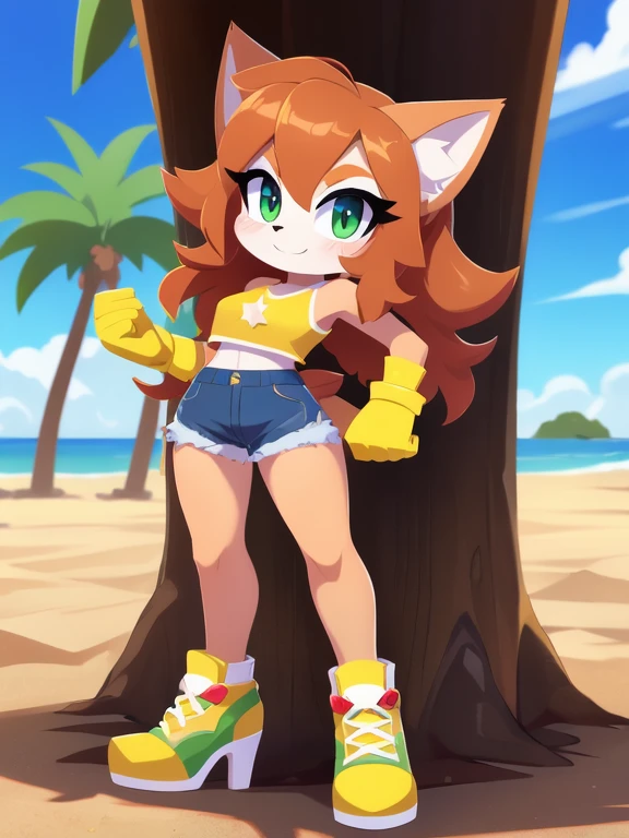 beautiful, masterpiece, beach background, best quality, Edward, tomboy, tan skin, orange hair, spiked hair, brown eyes, , barefoot, detailled image, detailed face, perfect lighting, perfect shadows, perfect eyes, perfect hands, perfect hair, perfect face, grin, solo, center focus, looking at viewer, navel, small body
