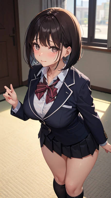 Chemo-eared big breasts grumpy face black hair high school girl uniform Lift up the hem of your skirt and show your underwear