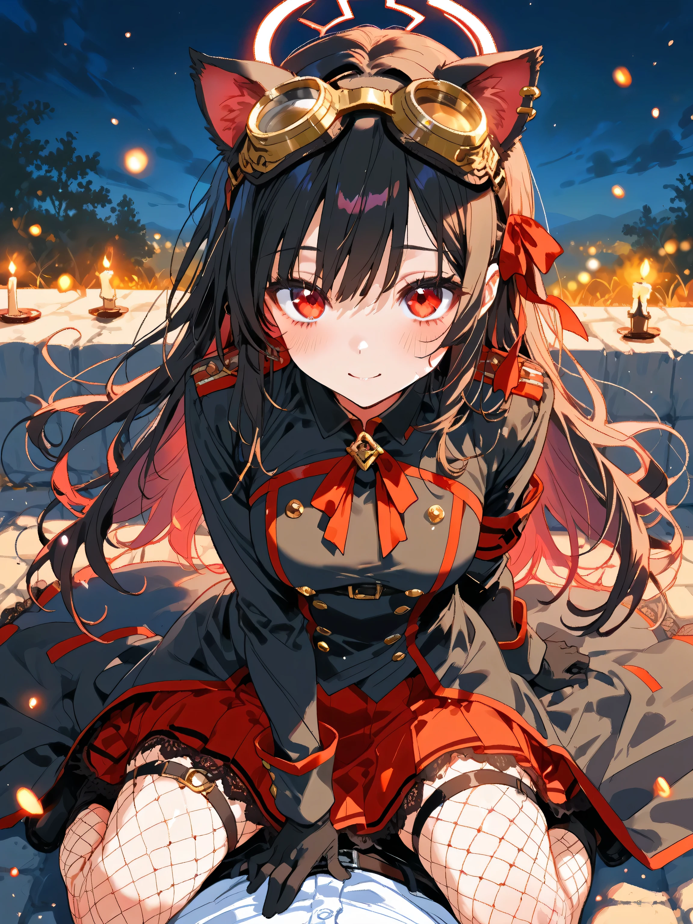  1 girl、(HappyValentine'sDay:1.2),（ focus on her face 、 radiates warmth and elegance ：1.4）。
 she says she has a graceful yet passionate presence 、 the delicate heart-shaped flame flickers 。When you wave your hand gently 、 radiates warmth and elegance 、 carry a lasting warmth 。 when the burning embers dance 、 enhance her enchanting charm 、 The gently shining embers are fireflies at dusk It drifts like 。in one hand she holds、 she wears cutting-edge rose gold goggles 、 her faint glow 、 holds a charming heart-shaped box of chocolates 。 her crimson eyes 、 reflect hidden love and intelligence 、 It's a symbol of personality and refined charm 。

（ goggles and cat ears 、 women around the world wear goggles and cat ears all the time、  she says it's cutting edge wears rose gold goggles ：1.2）。
 Her futuristic rose gold goggles and soft cat ear accessories 、 perfectly complement her long, flowing jet black hair that gently sways in the warm breeze 。 adds a magical touch to the atmosphere 。 the flickering flame of a flickering heart 、 The sky above is painted in deep shades of pink and gold 、 roses bloom wildly through cracks in the pavement 。

（ the delicate heart-shaped flame flickers 、 red eyes：1.2）。
 she says 、 wears a beautifully tailored dark red military style jacket with gold embroidery.、 she has a graceful yet passionate presence 。 shines like a confession illuminated by a candle 。 A crimson one full of warmth rather than coldness Her red skirt is casually adorned with 、 gently sway as she moves forward 、 creates a mature yet dreamy romantic vibe 。 fishnet tights add playfulness 、 making her presence even more appealing 、 she wears a chic black dress on top of it 。 lace 、It's like dancing to the rhythm of her emotions 。

background:
 beautiful, straight, black What is the stage for hair 、 reflects the promise of a sweet Valentine's Day surprise 。 In a city that was once bustling, 、 As if they're hugging memories of love that once adorned this city 。The air is 、 now wrapped in a quiet romance in an abandoned world 、 swirl around the outline of a beautiful and elaborate coat of arms 。 The dress flutters with every graceful movement 、 it shimmers like a tender confession of love 。 symbolizes her inner strength and sweetness of love 、 A small heart made of flames fluttering around her 。