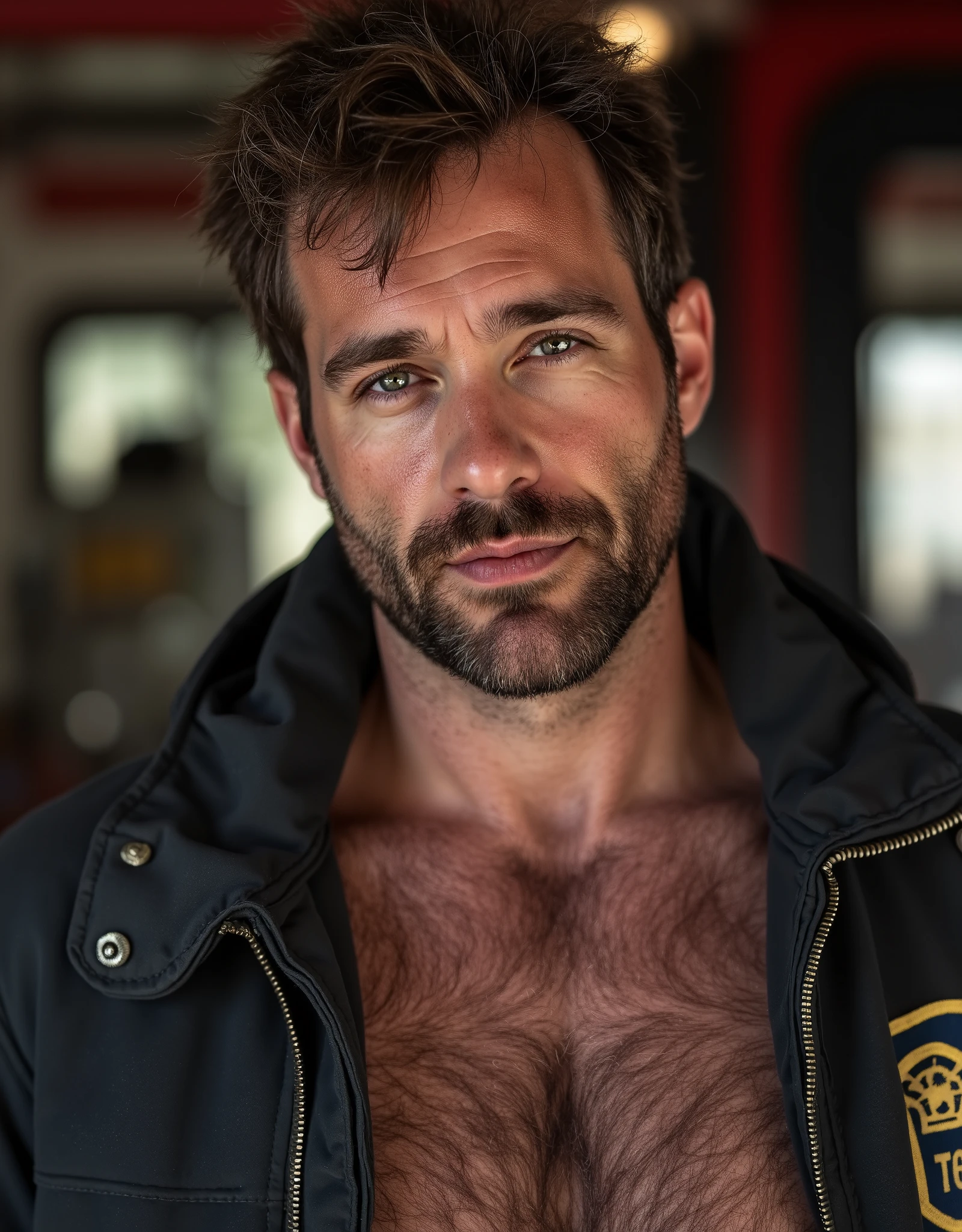 masterpiece, best quality, high resolution, closeup portrait, male focus, solo focus, A man, 30 years old, with firefighter uniform, firefighter suit, firefighter,  messy hair, messy hairstyle, smirk, cute and seductive face, bare chest, body hair, facial hair, roman nose, scruffy, hairy abs,  skinny body, hairy legs, undressed undone uniform, dimples, beard, bold jawline , in the background a fire station,  view from below, amazing composition, front view, HDR, ultra quality, elegant, highly detailed