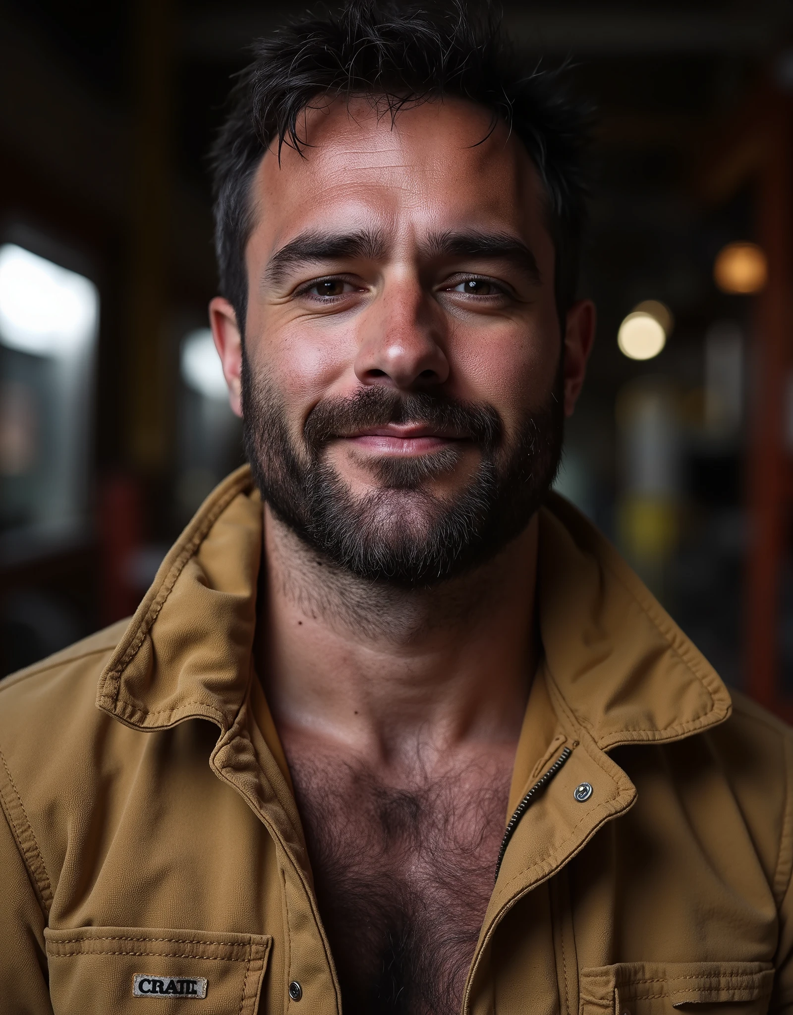 masterpiece, best quality, high resolution, closeup portrait, male focus, solo focus, A man, 30 years old, with firefighter uniform, firefighter suit, firefighter,  messy hair, messy hairstyle, smirk, cute and seductive face, bare chest, body hair, facial hair, roman nose, scruffy, hairy abs,  skinny body, hairy legs, undressed undone uniform, dimples, beard, bold jawline , in the background a fire station,  view from below, amazing composition, front view, HDR, ultra quality, elegant, highly detailed