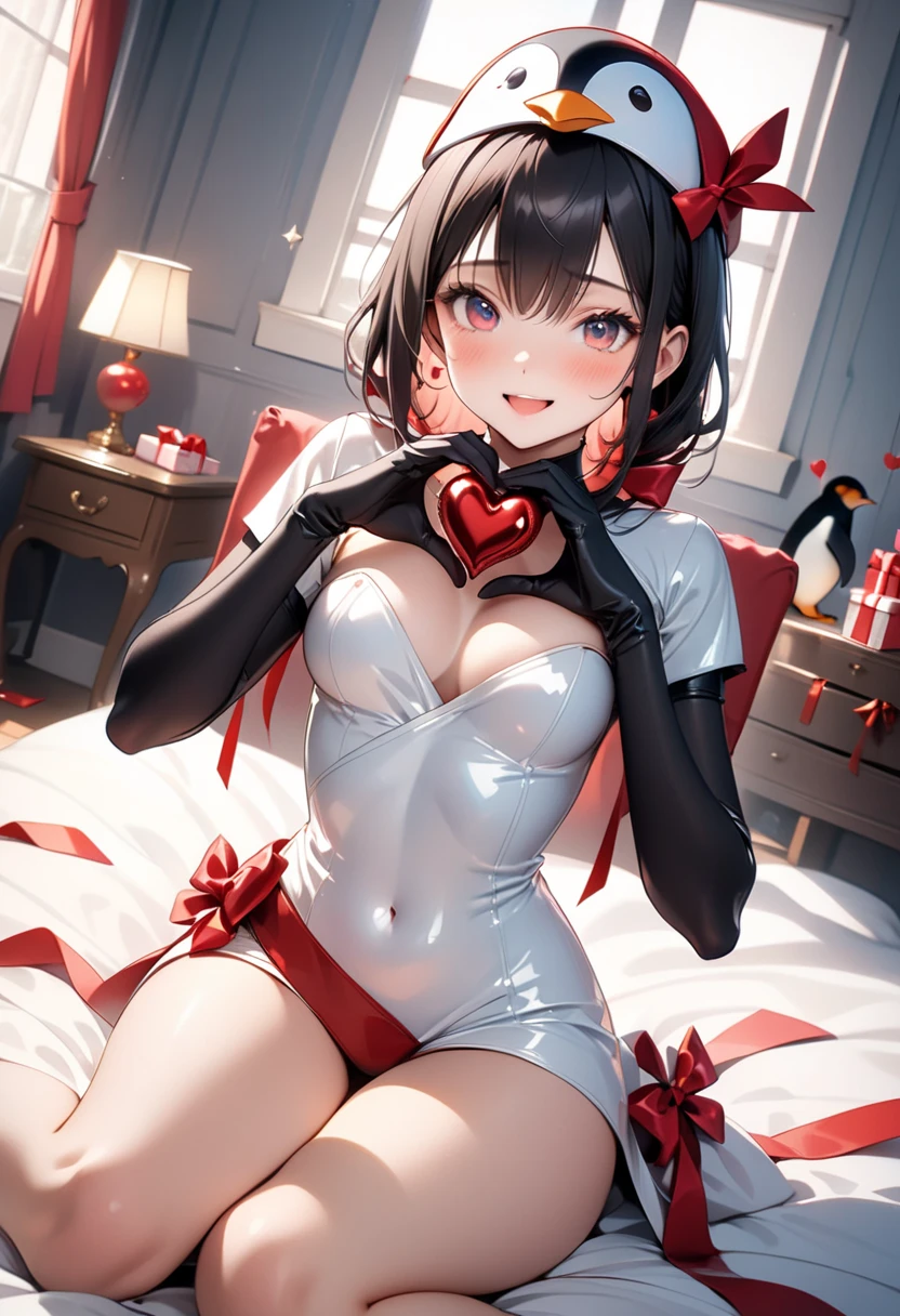Erica、Pokémon、Black Hair、Short Hair、((pantyhose))、Photo from below、Medium chest、Bedroom、One girl、Bunny Ears、Red ribbon on head、((Bunny girl))、(leotard)、(Poop sitting)