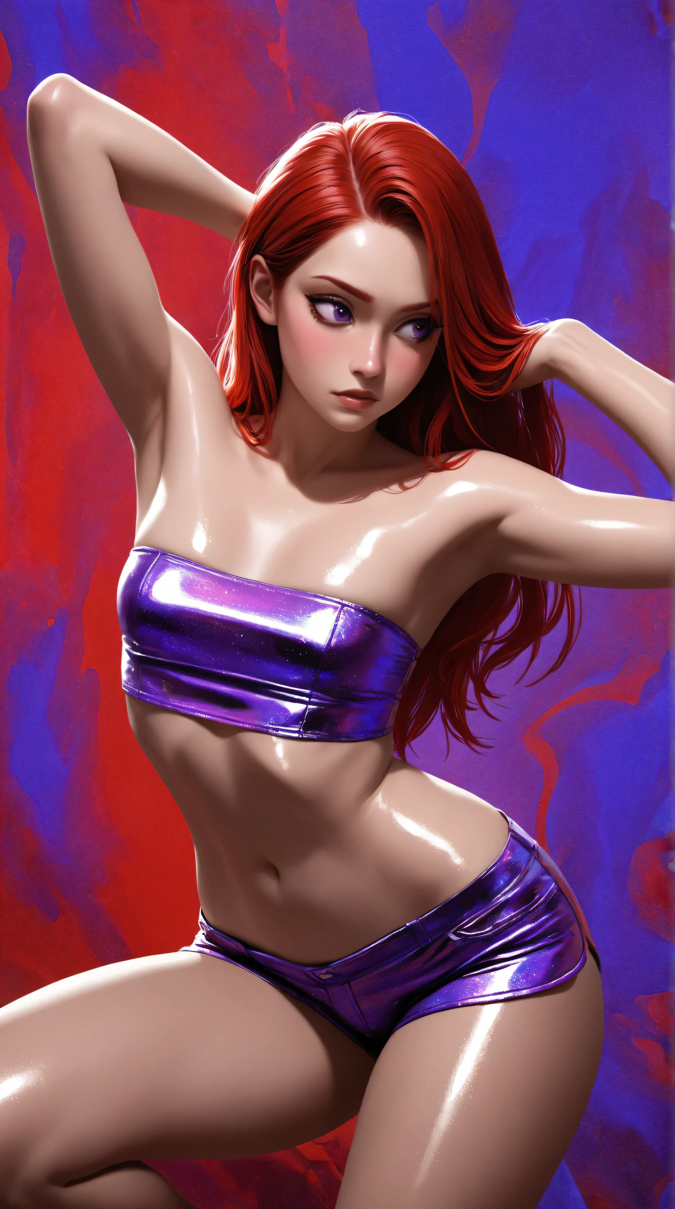 ((Best Quality)), ((Masterpiece)), ((Realistic)) and watercolor drawing of a girl with goth colors. She has ((ruby hair)), wears a (small black micro-thong:star motif ) , ((beautiful and aesthetic)), muscular fit body abs, sexy, under-boobs, hot, (star filled sky background) (clear background:1.35), (particles ,firefly, blue glowing):1.3,