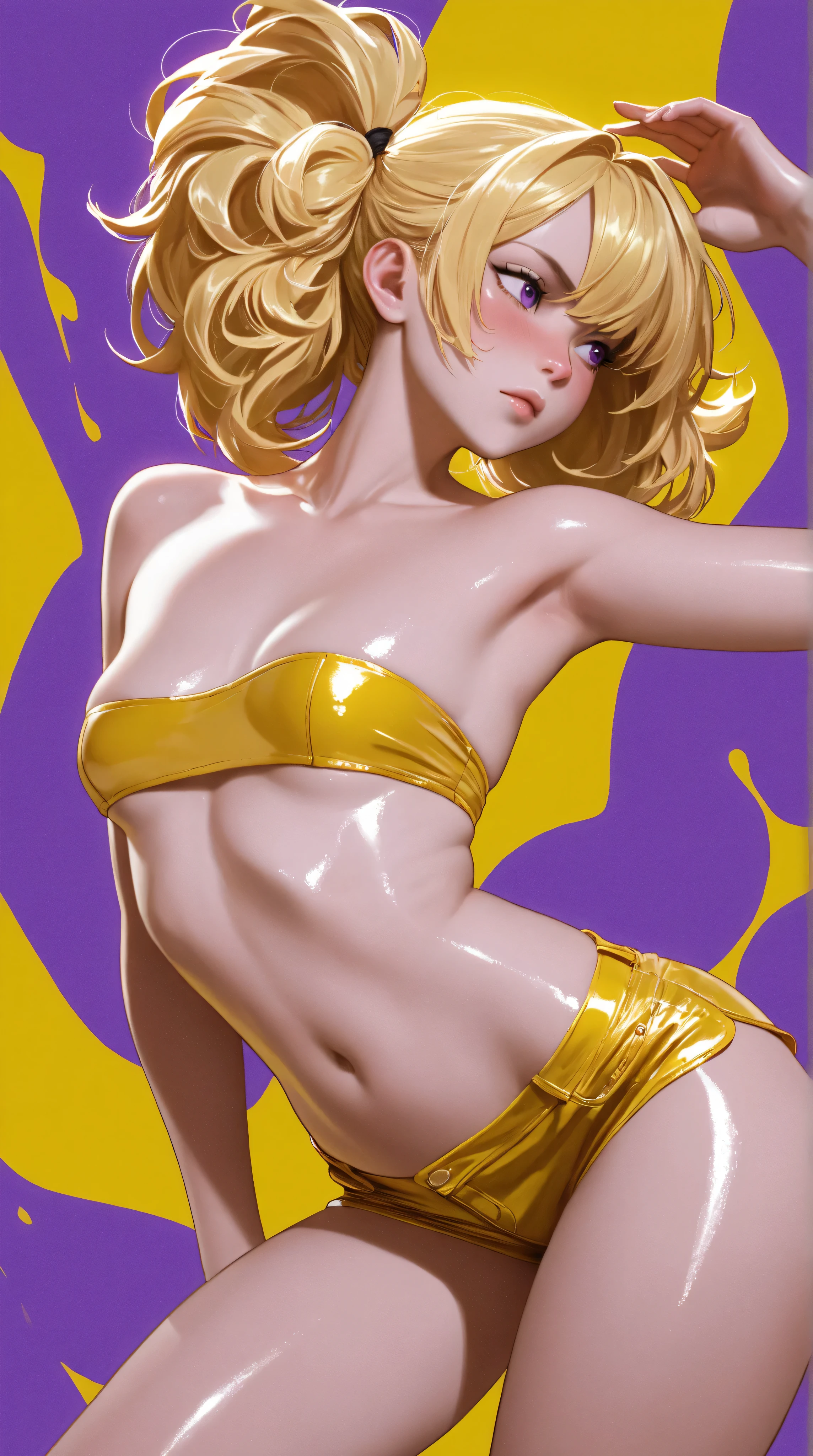there is a digital painting of a woman in a bikini, caucasian girl, gilded outfit, elegant gold skin, golden skin, white curly hair, gold skin, fashion gameplay screenshot, leeloo outfit, realistic bikini, shiny golden bikini, smooth gold skin, elegant, inspired by Esaias Boursse, white gold skin, glistening body, in style of digital painting, golden aura