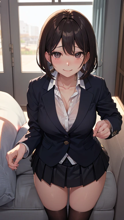 Beautiful woman, (Perfect Anatomy), Slender、(OL、White short sleeve shirt、vest、bow tie, detailed side tie panty), (Look down), (Pussy juice:1.1)、(Hug your chest)、20-year-old、(highest quality)、Black Hair, short hair、 Messy Hair、bedroom、Sitting on the bed、(Cutting seat), (8k, High resolution)、(Embarrassing:1.4)、(blush:1.1), medium breast, (steam:1.1), embarrassed