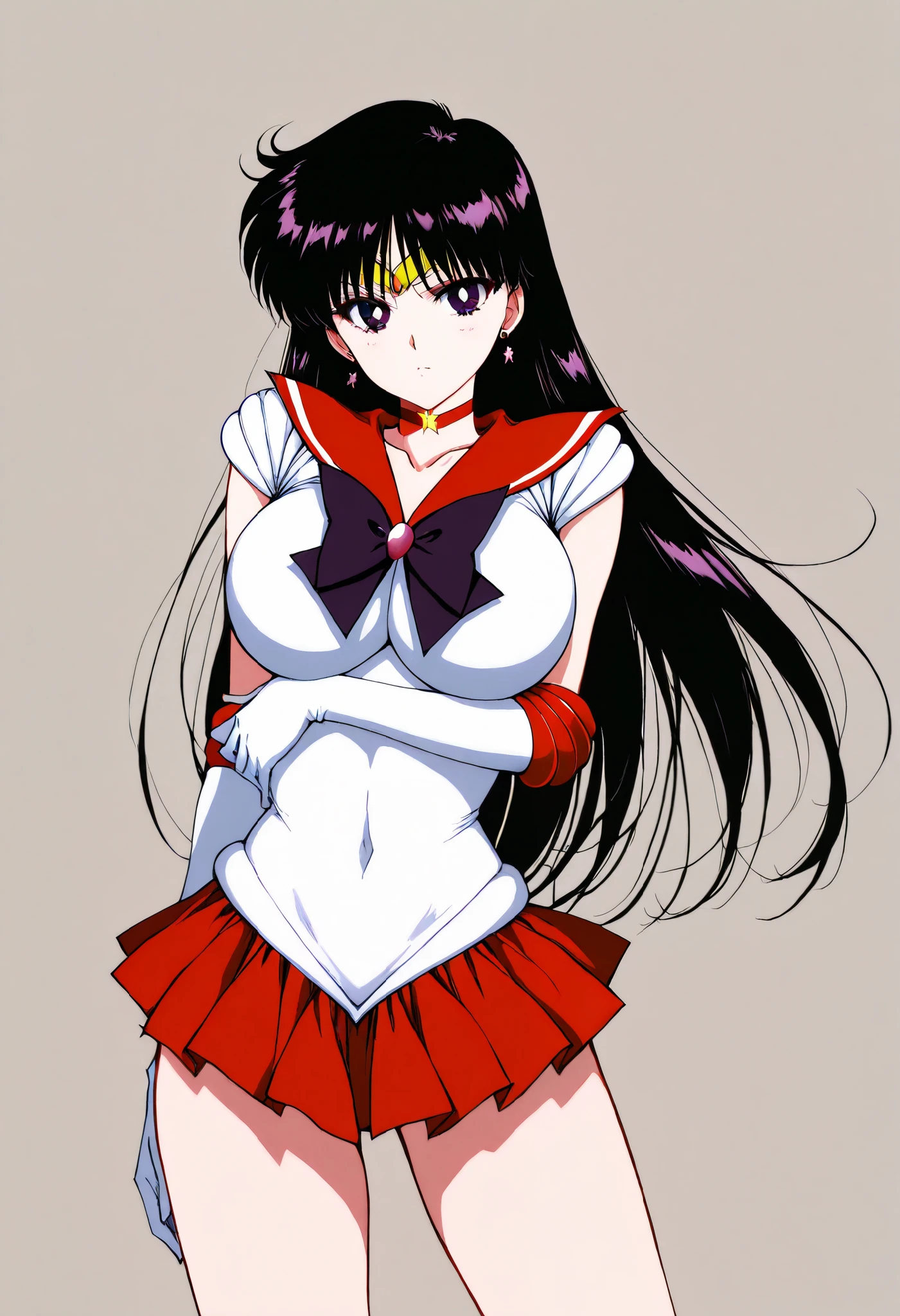 best quality,masterpiece,1girl, solo, (torn clothes:1.3), ecchi anime style, blush,, Sailor Mars, Rei Hino, ( neck ribbon, long hair, circlet, jewelry, crescent earrings)