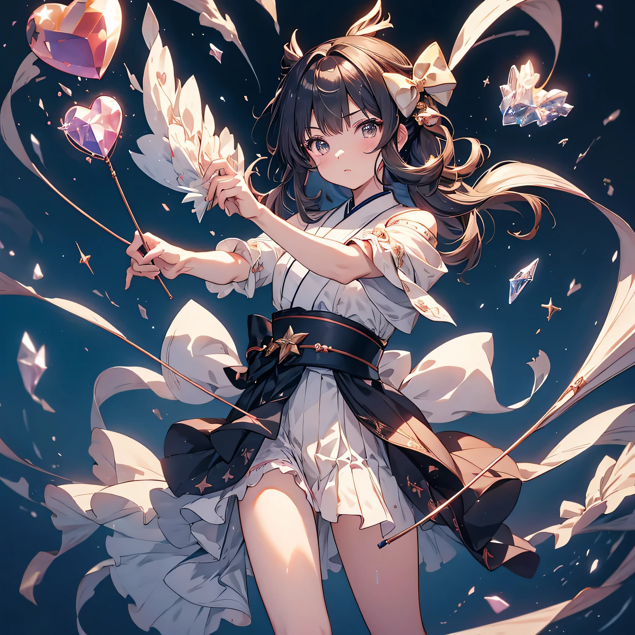 Star-like 、 Kasumi is shaped like a heart、Kyudo、 aiming for a heart with a bow 、 dignified air 、Holding a huge crystal bow 、(The machine is holding a beautifully decorated bow:1.5)、