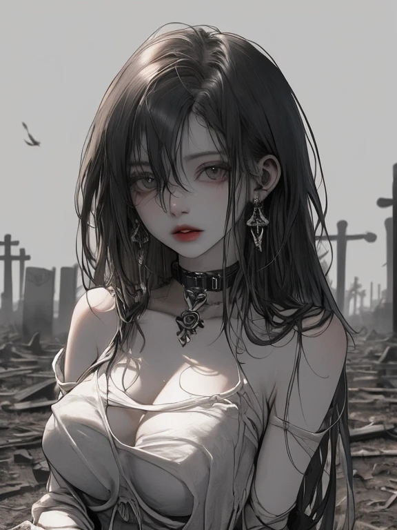 corpse, sinister, female, thin, pale, looking at the camera, ultra realistic, fully detailed, cemetery environment, bright eyes, white dress torn and stained with blood, bones exposed, putrid wounds, , terrifying, bruised by the body, exposed fracture in the collarbone, slight smile, super detailed, black short hair, blood and wounds, stab wounds on body, dirty clothes