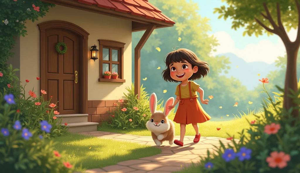 there is a little girl that is running with a rabbit, adorable digital painting, cute detailed digital art, cute 3 d render, childrens art in artstation, beautiful render of a fairytale, fantasy matte painting，cute, cute digital art, cute storybook illustration, realistic fantasy render, beautiful digital artwork, beautiful digital illustration, realistic fantasy illustration, a beautiful artwork illustration