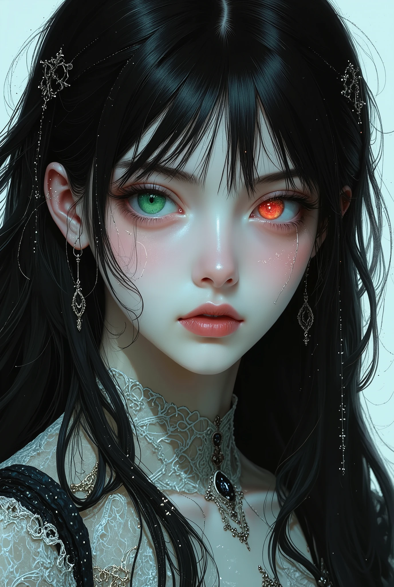 Real girl with black hair white skin with one green and one red eye