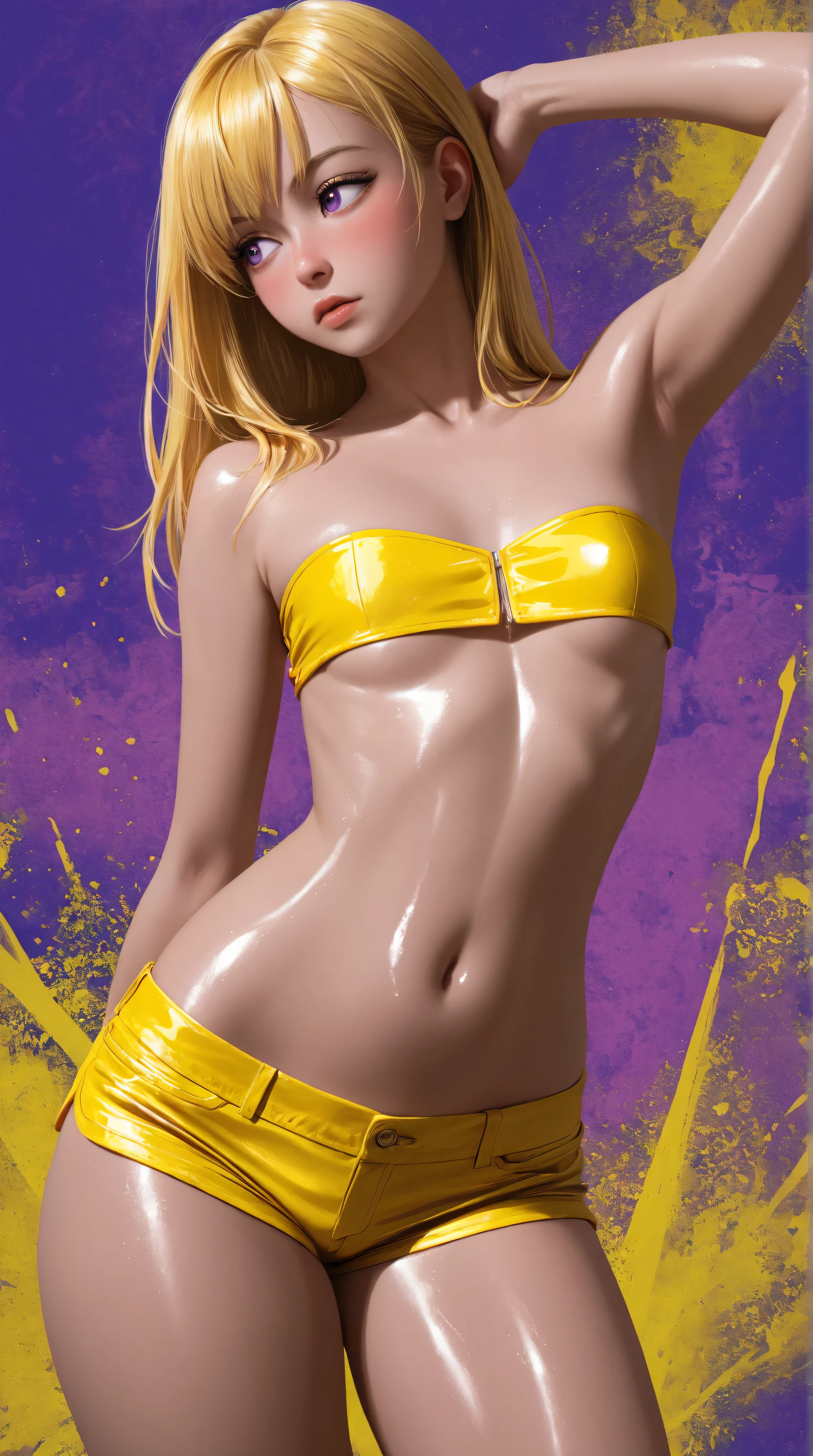 an anime girl、a matural female、beautiful a girl、Woman in swimsuit、garments:Bikini swimwear、Short blonde woman、Medium hair、Semi-long hair、solo、yellow_background、orange_background、gold_background、red_bow、rating:safe、bow、high-heels、hair_bow、smile、armpits、Yellow Bikini、Orange Bikini、Golden Bikini、Half Up Hair、Blue-eyed woman、navel、arms_behind_head、jewelry、Woman standing、Arms raised、looking_at_viewer、yellow_theme、orange_theme、gold_theme、Woman with very large breasts、huge tit、thigh_gap、bangs、full bodyesbian、Woman with purple eyes、cleavage、toenail_polish、simple_background、耳Nipple Ring、gradient_background、String Bikini、The best girls in anime、artwork in the style of guweiz、Detailed Digital Anime Art、perfectly shaded body、realistic anime 3 d style、beautiful attractive anime girl、realistic anime art style、realistic shaded perfect body、